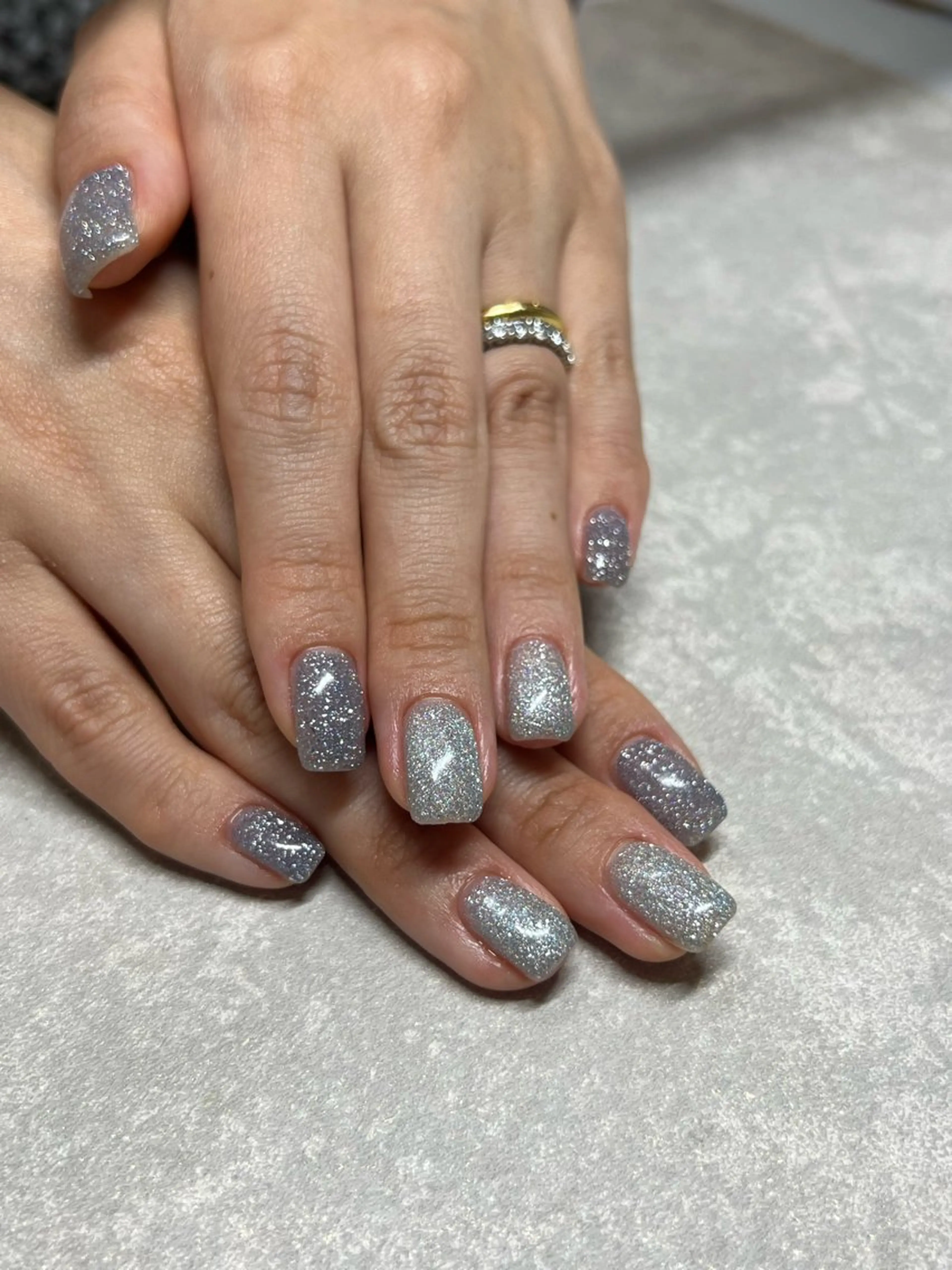 ネイル ブルー フラッシュネイル シルバー スクエアネイル ルミエナ銀座 KATAOKAのネイルデザイン