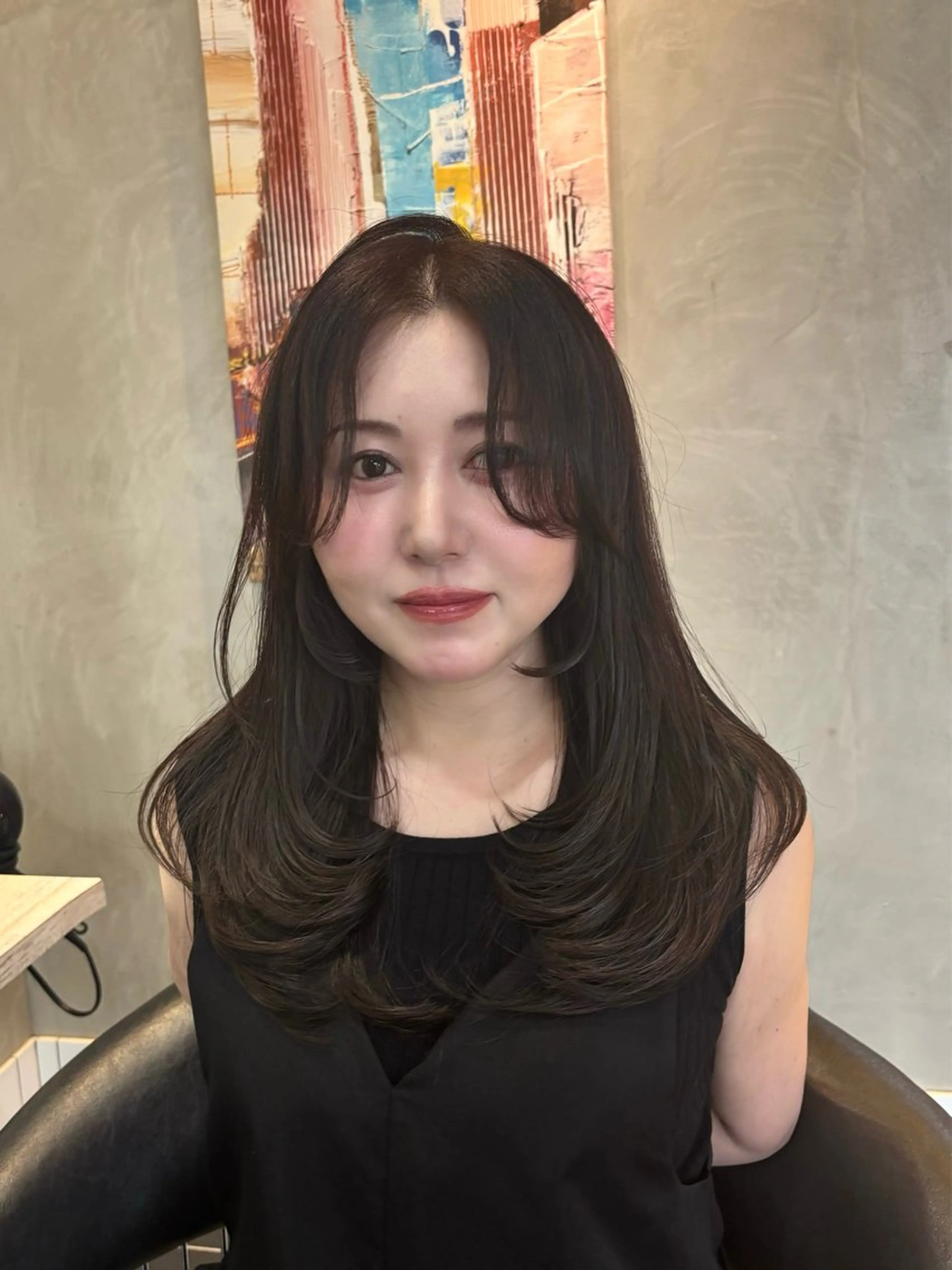 ロング アッシュ レイヤーカット おくれ毛 小顔カット HAIR&MAKE SeeK 八王子店所属・🩶韓国ヘア / メンズ🩶フウカのヘアスタイル