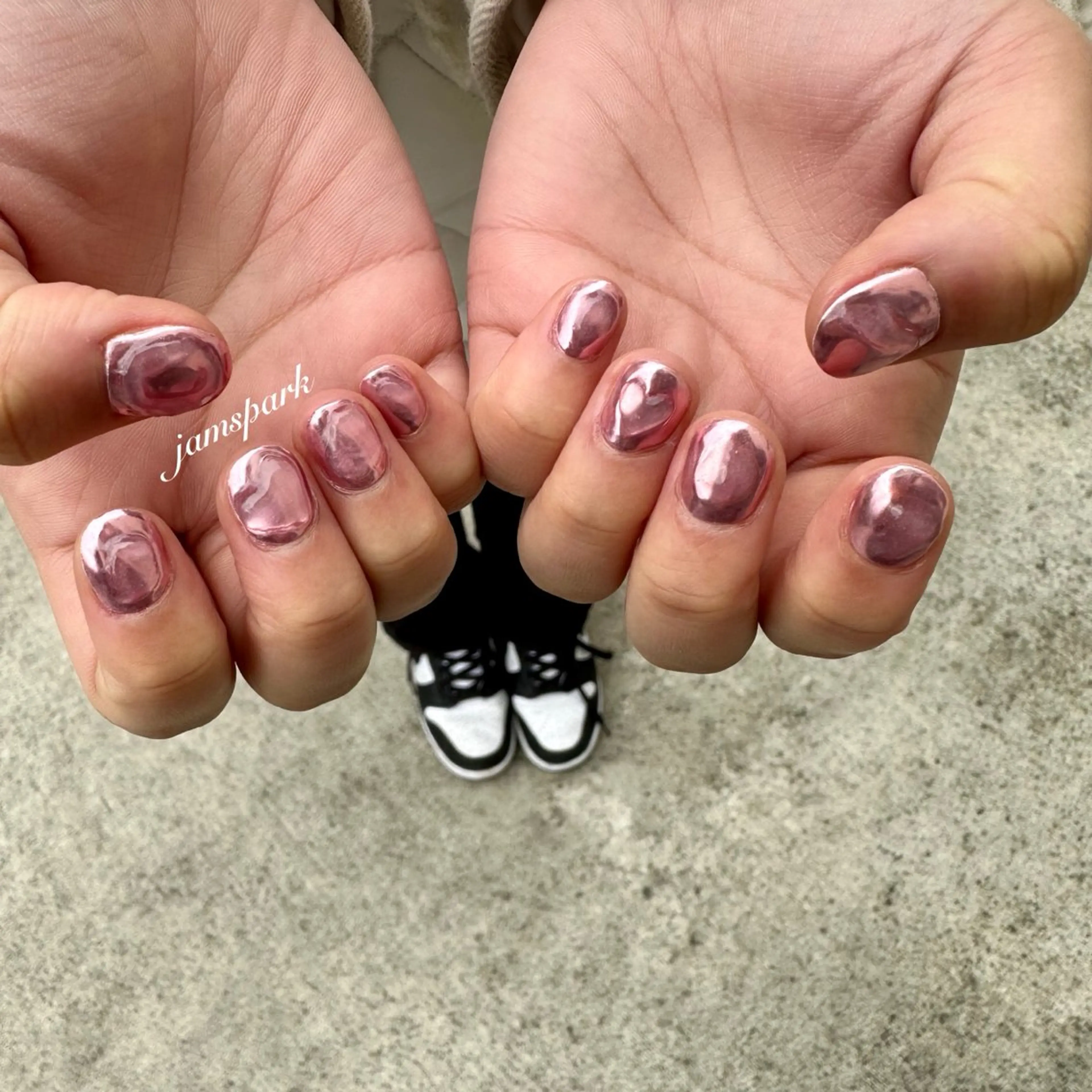 ネイル ハート 氷ネイル・うるうるネイル ミラーネイル ピンク ぷっくりネイル ハンドネイル jamspark ✨のネイルデザイン