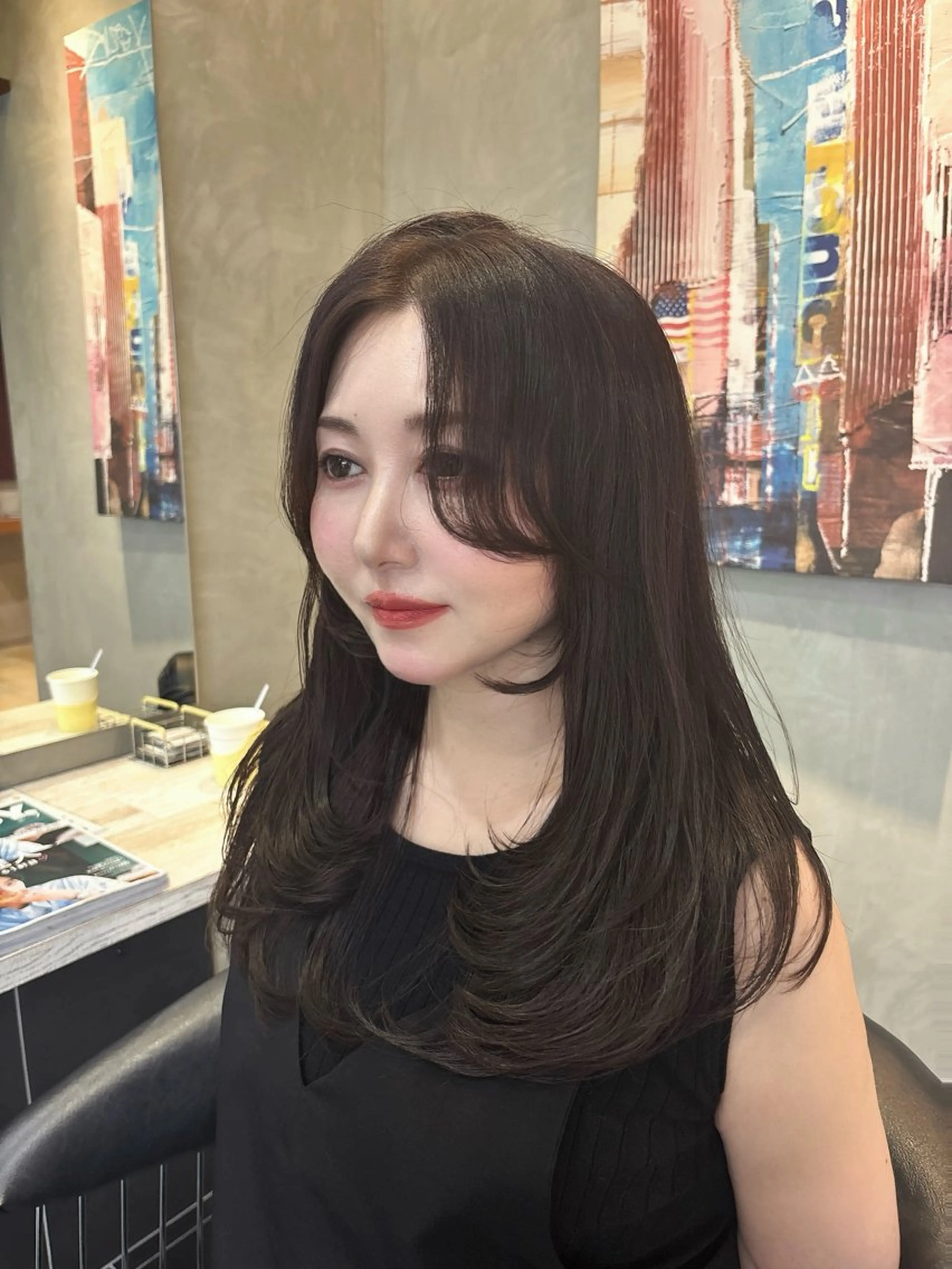 ロング アッシュ レイヤーカット おくれ毛 小顔カット HAIR&MAKE SeeK 八王子店所属・🩶韓国ヘア / メンズ🩶フウカのヘアスタイル