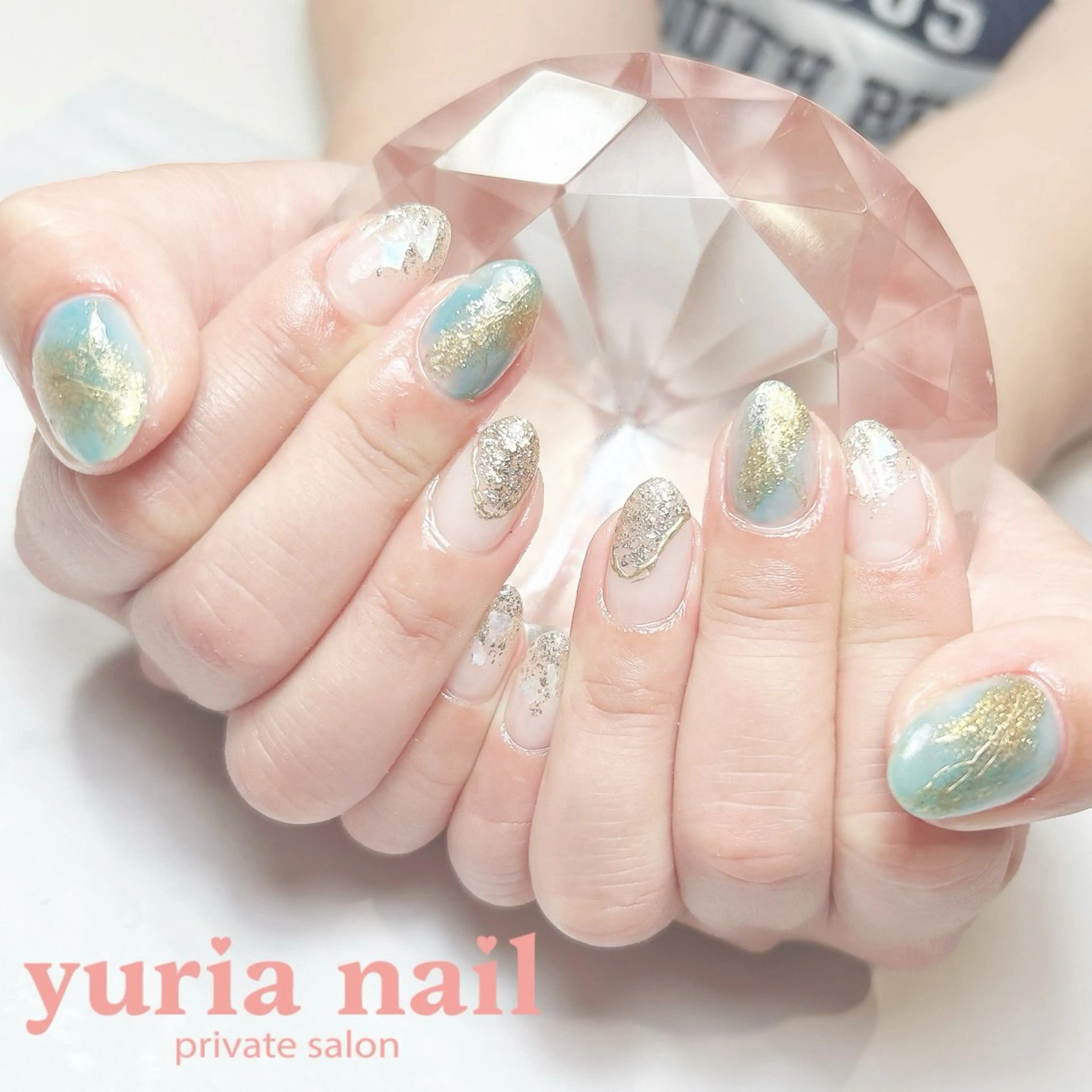 ネイル ブルー ジェルネイル ゴールド ゴージャス グリーン ハンドネイル 小林 ゆりあのネイルデザイン