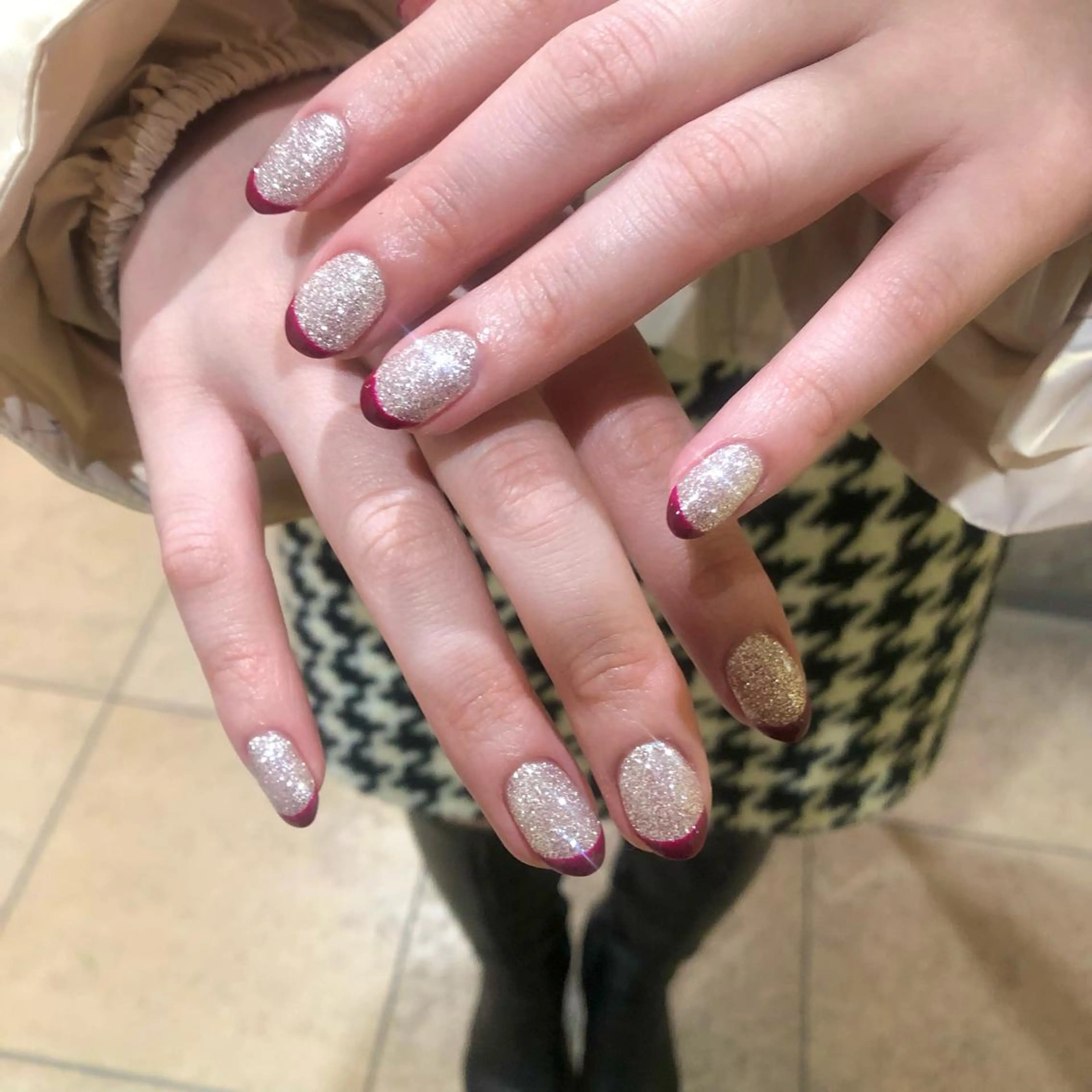 ネイル ボルドー フレンチネイル ラメ(グリッター) Ibuki 🎀仙台パルコ🎀のマツエク・マツパデザイン