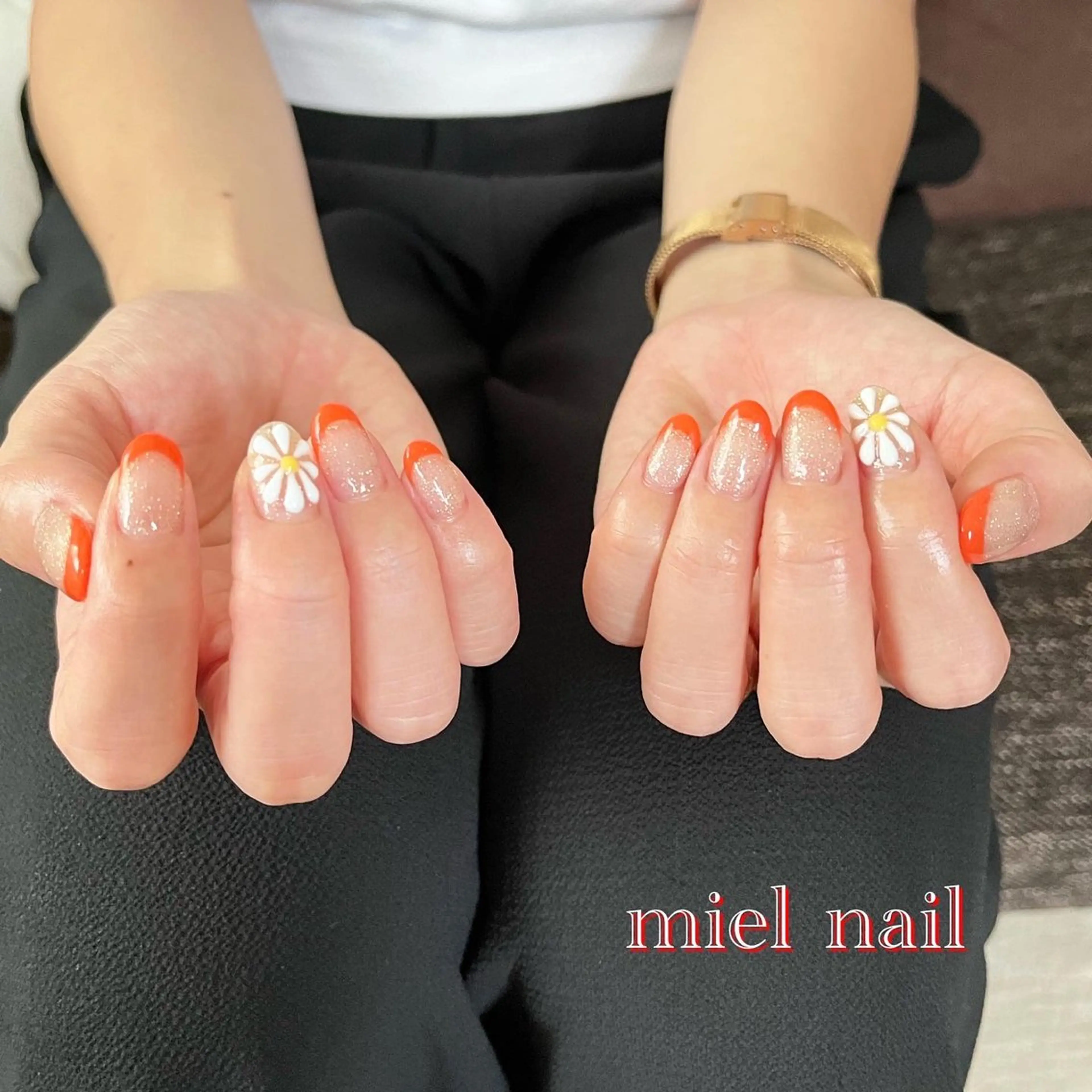 ネイル アートネイル フレンチネイル ラメ(グリッター) オレンジ ぷっくりネイル ハンドネイル miel nailのネイルデザイン