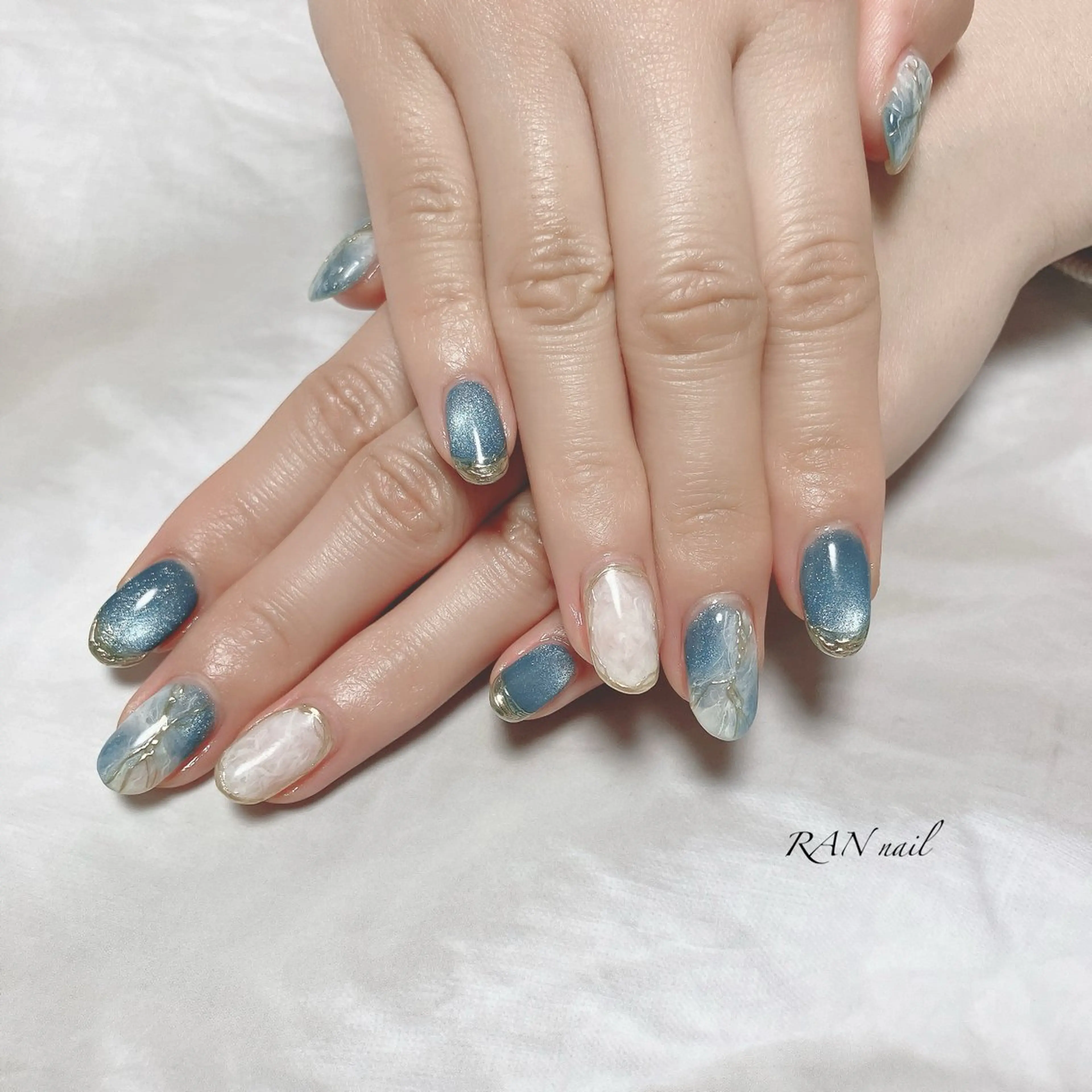 ネイル ブルー フレンチネイル キラキラネイル マグネットネイル ミラーネイル RAN nail 〜ランネイル〜所属・RAN nailのネイルデザイン