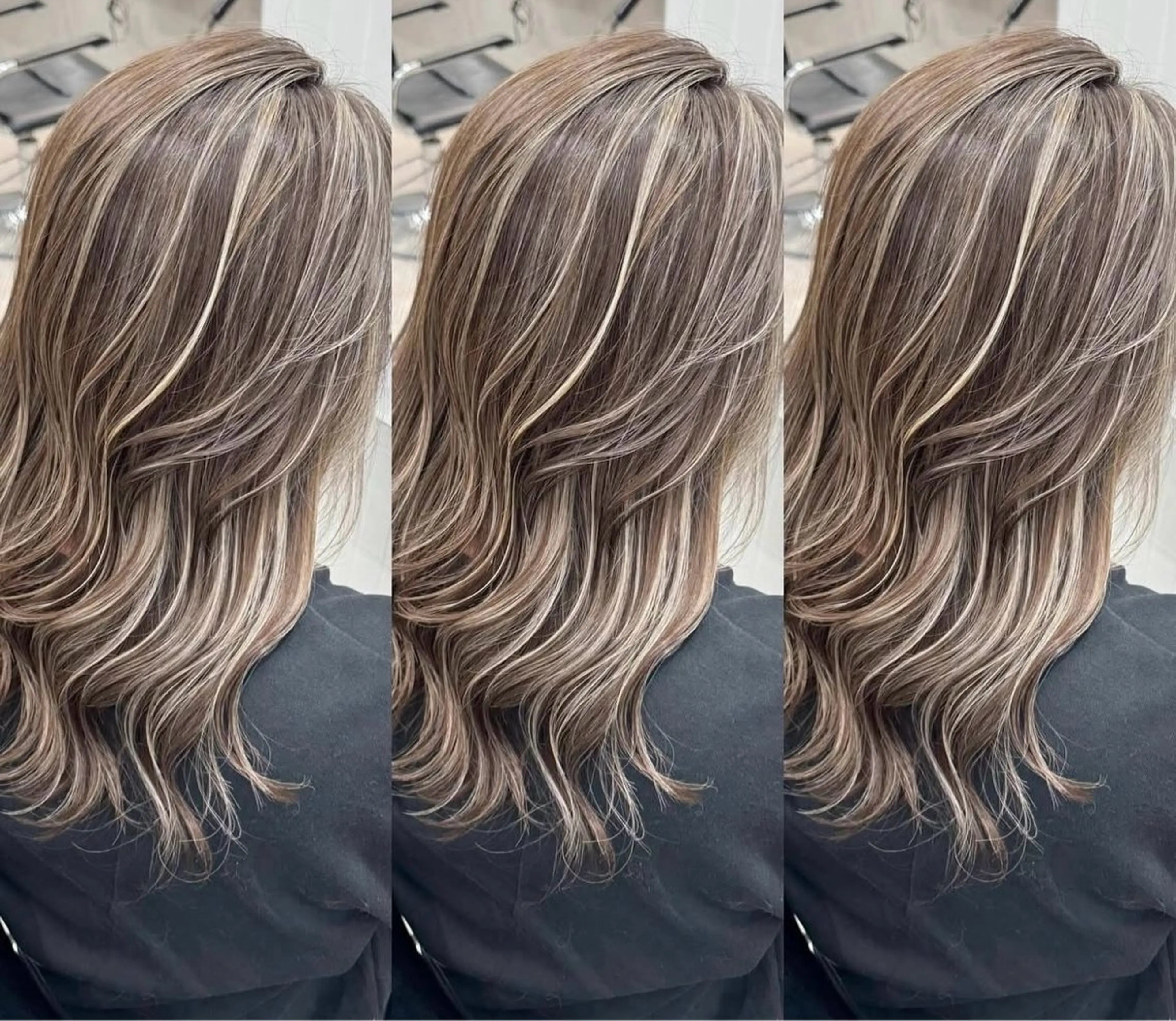 ロング カラー ブリーチ グレージュ ハイライトカラー ハイライト ヘアカラー 🌊海外ハイライト リタッチ/グレー系のヘアスタイル