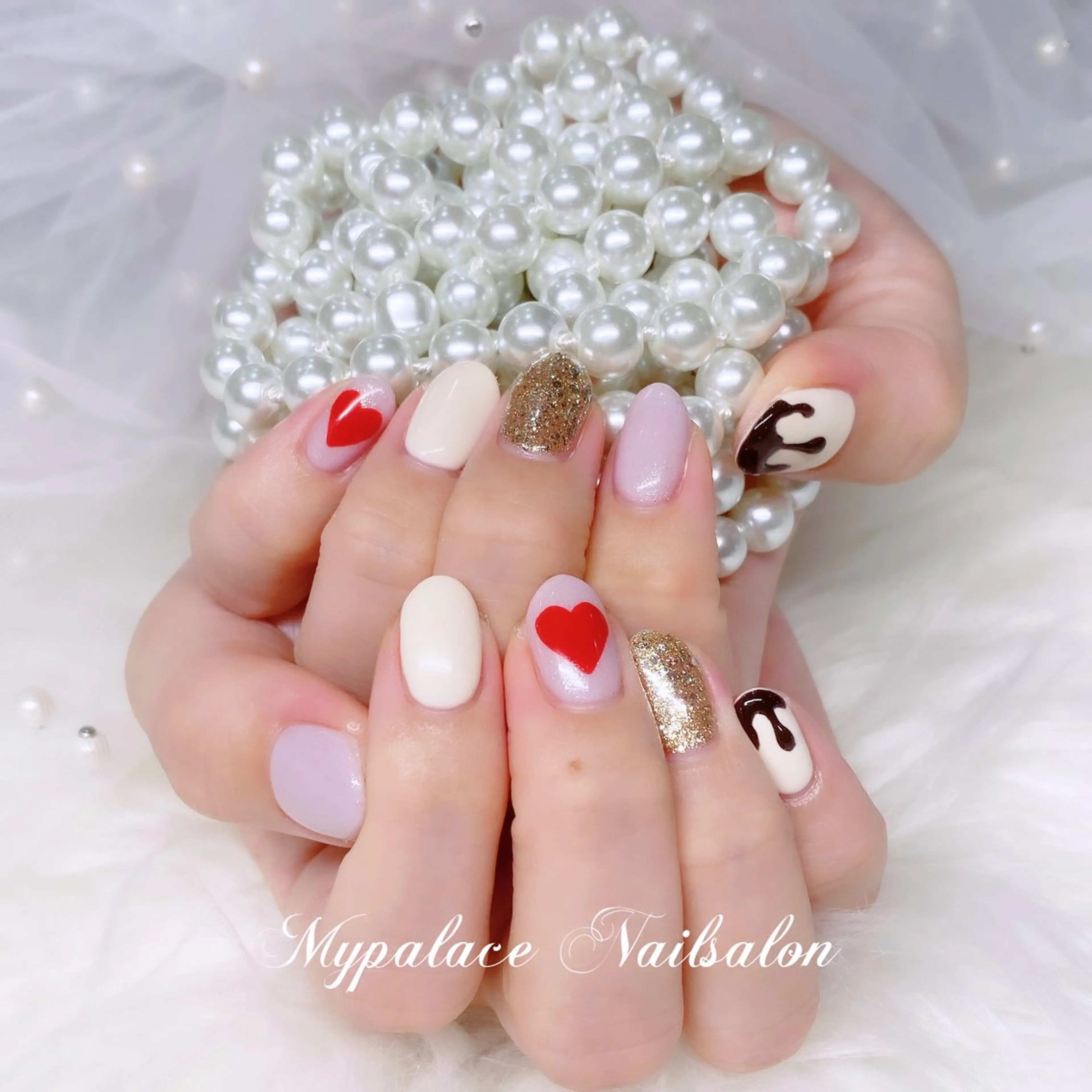 ネイル ハート ラメ(グリッター) バレンタイン ハンドネイル Yuis Nailスカルプ専門のネイルデザイン