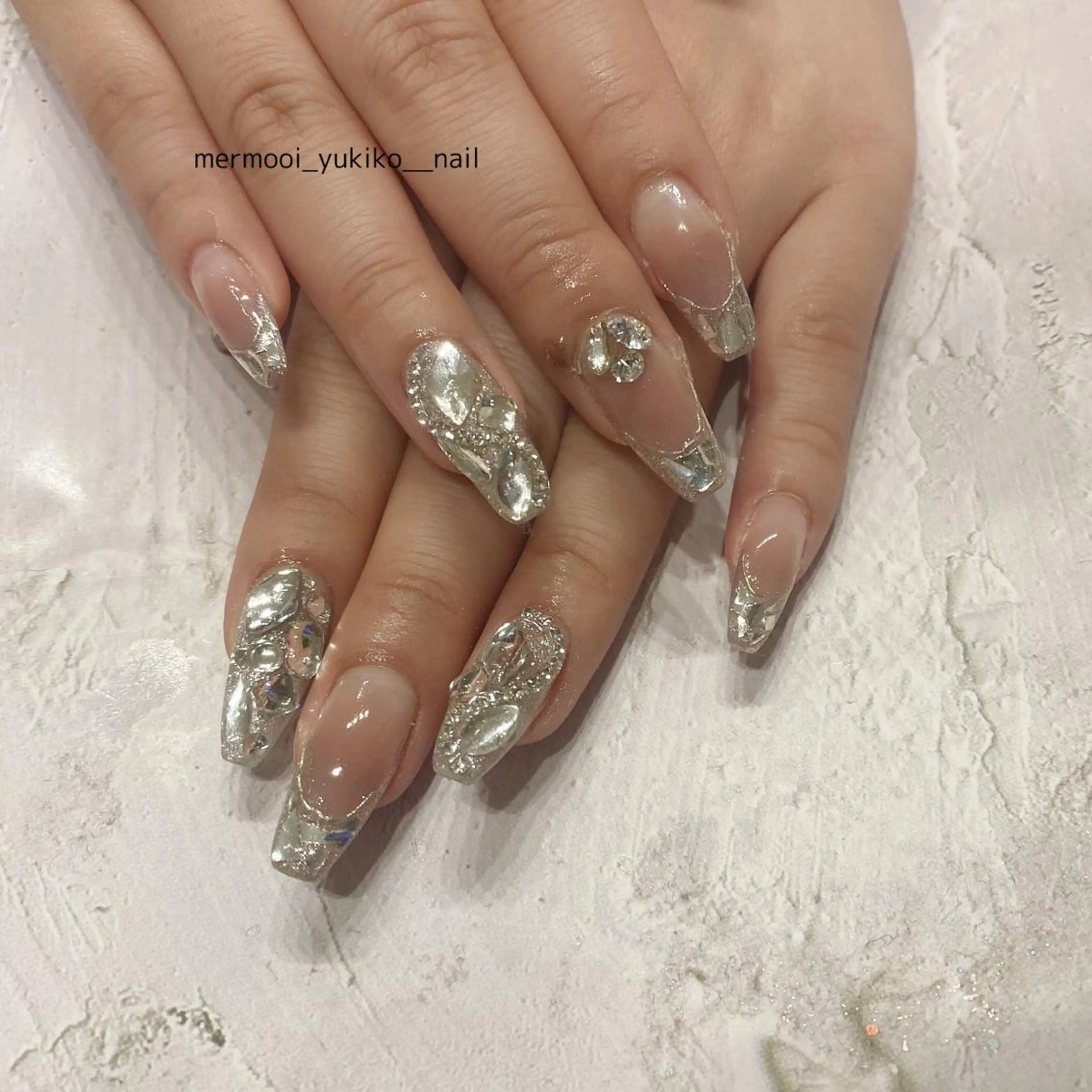 ネイル フレンチネイル ガラスフレンチ キラキラネイル 韓国ネイル ロングネイル mermooi nailのネイルデザイン