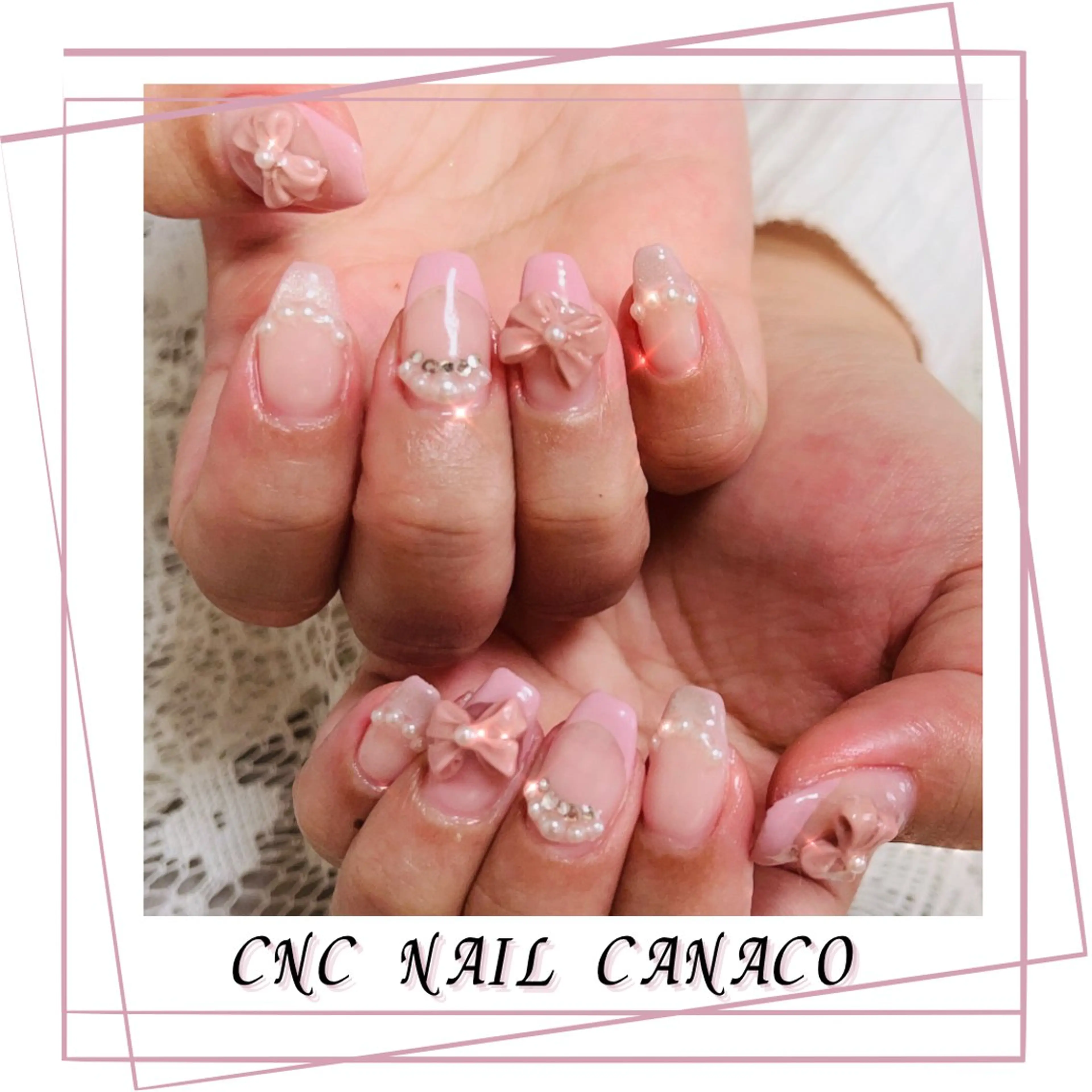 ネイル アートネイル 持ち込み ピンク リボン 冬ネイル ハンドネイル ハンドケア Felice所属・ベテランネイル cnc  nailのネイルデザイン