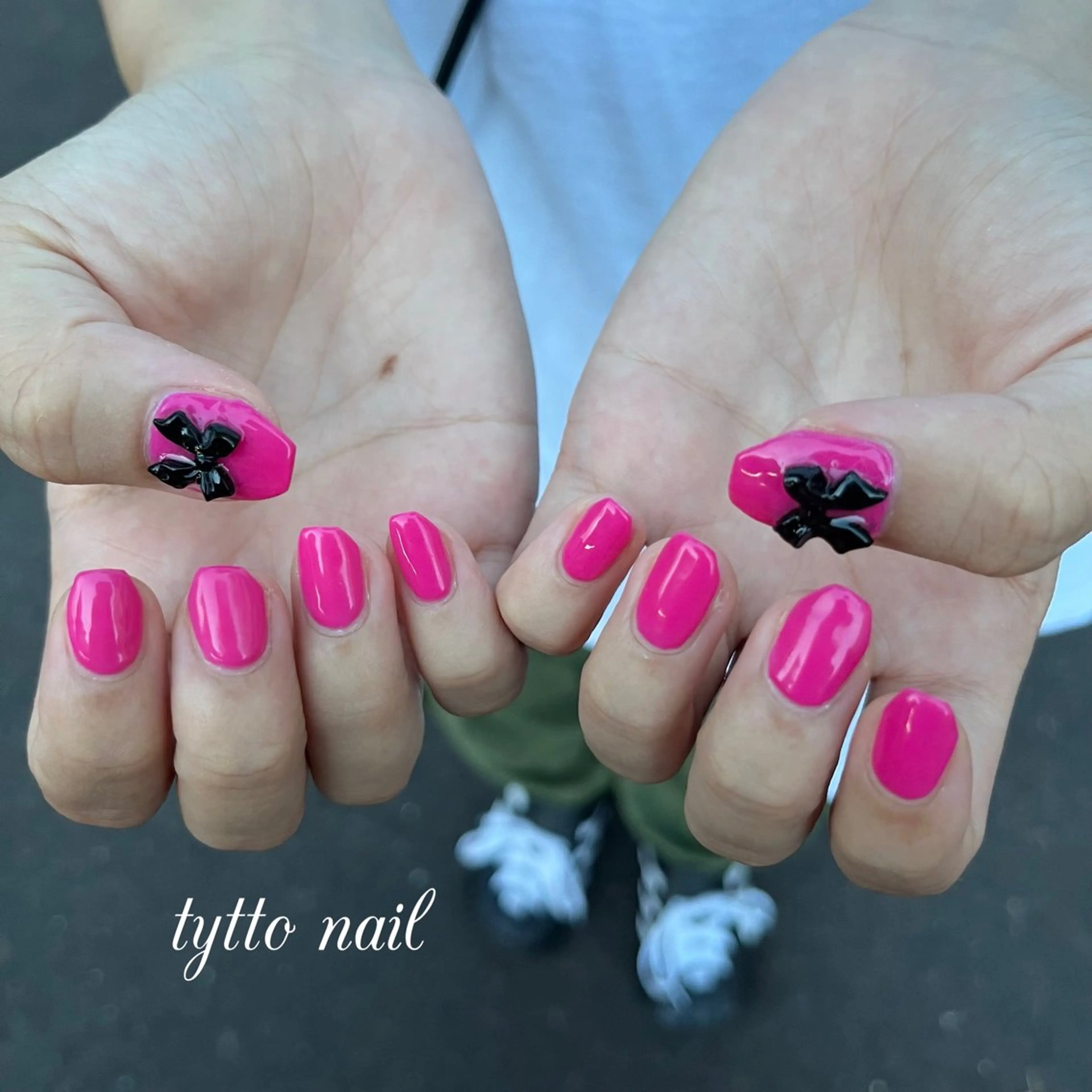 ネイル ワンカラーネイル ピンク リボン ショートネイル 夏ネイル ハンドネイル tytto nail ❤︎‪‪eri‪‪のネイルデザイン