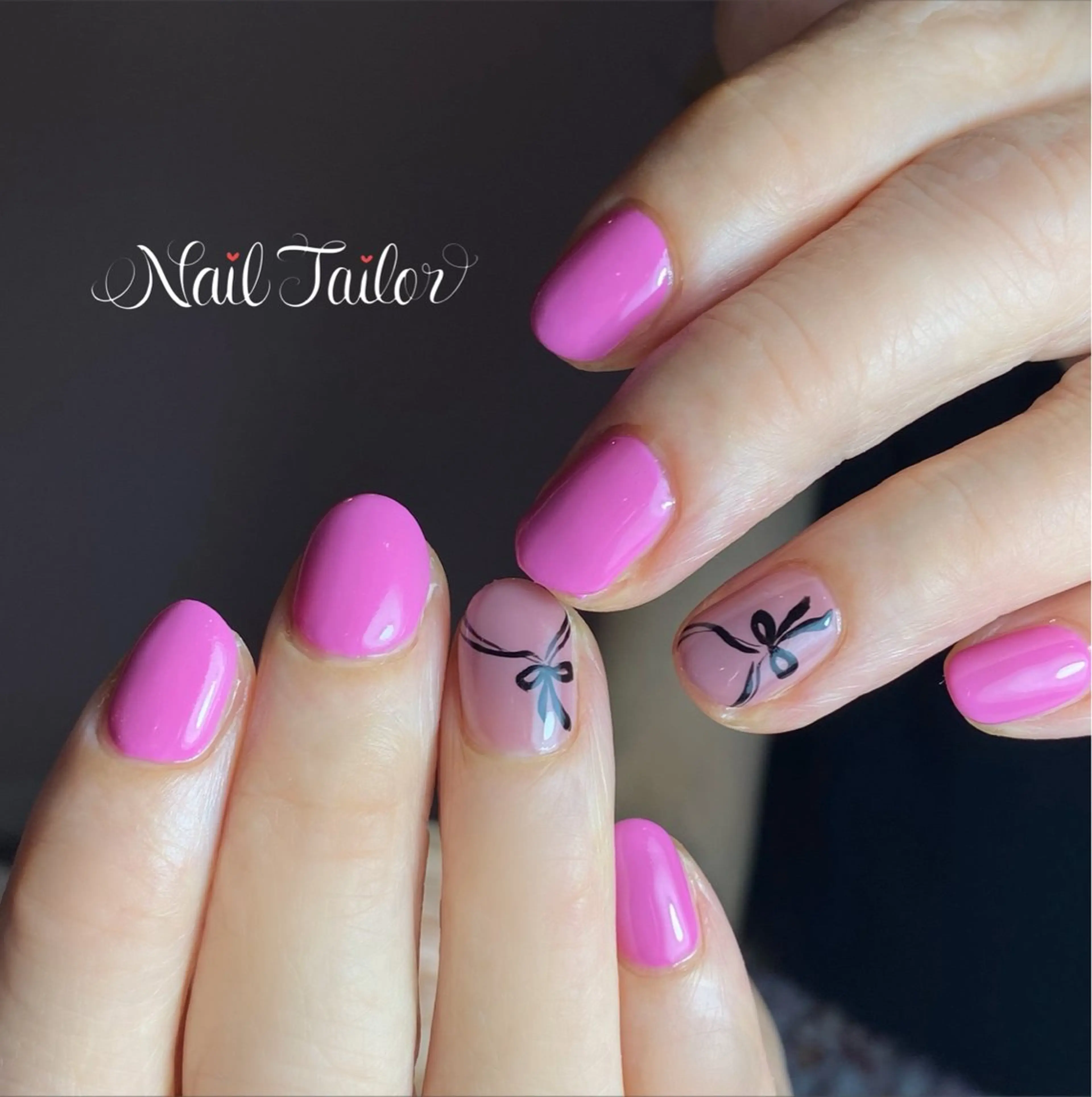 ネイル ジェルネイル ワンカラーネイル ピンク リボン ハンドネイル 〜Nail Tailor〜　ネイルテイラー所属・NailTailor ネイルテイラーのネイルデザイン