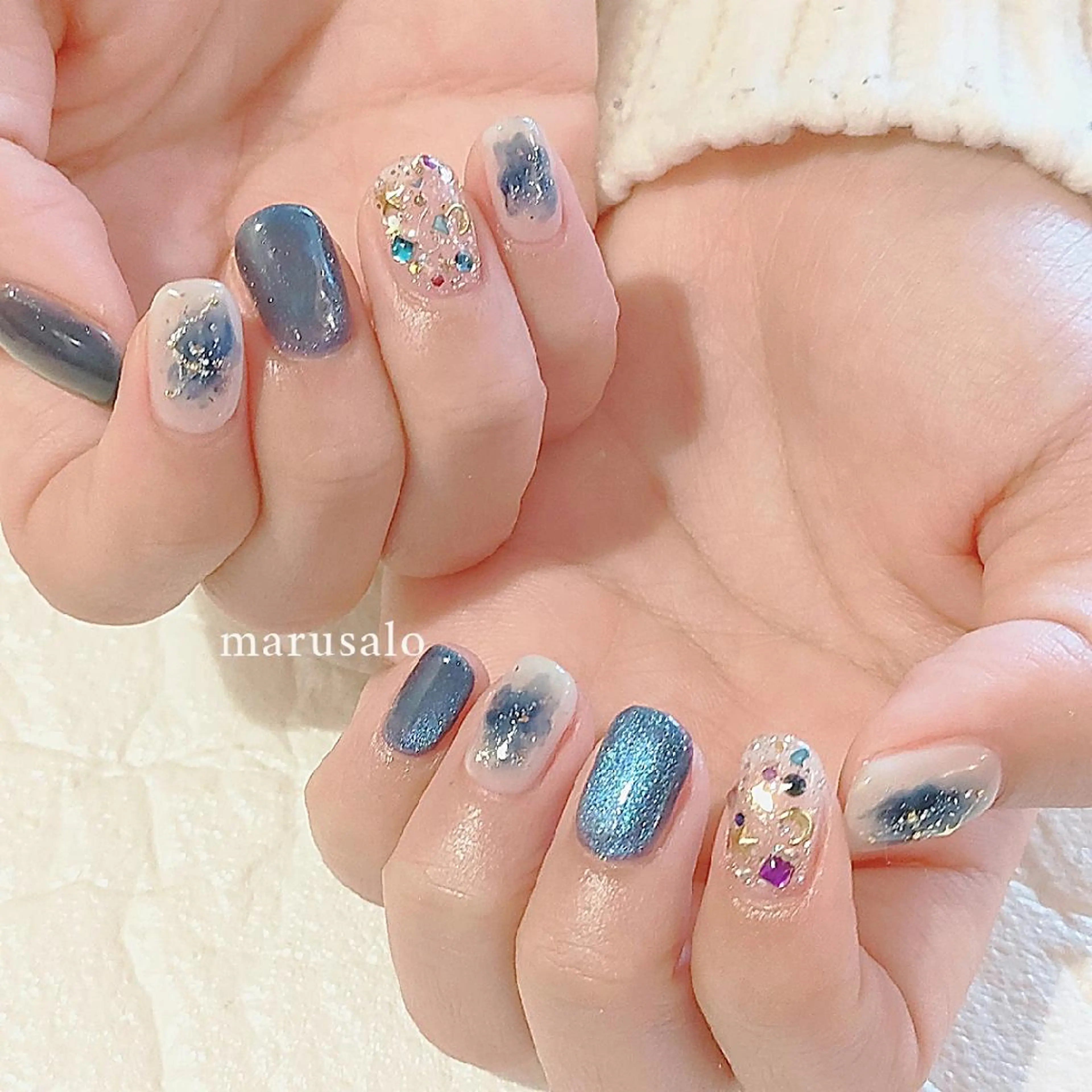 ネイル マグネットネイル ニュアンスネイル ストーンネイル ハンドネイル marusalo nailのネイルデザイン