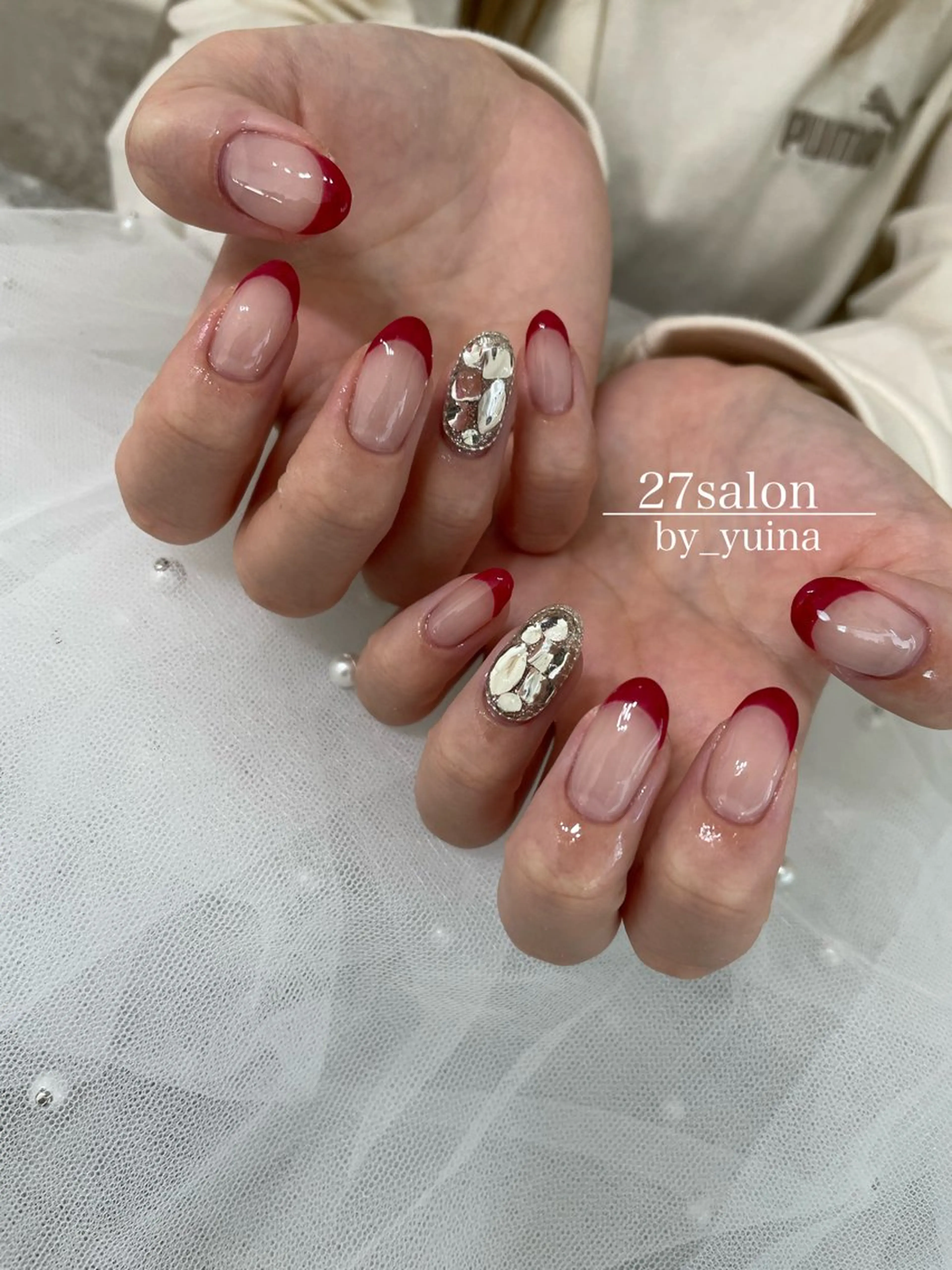 ネイル フレンチネイル 赤色 冬ネイル クリスマス ハンドネイル 27salon yuinaのネイルデザイン