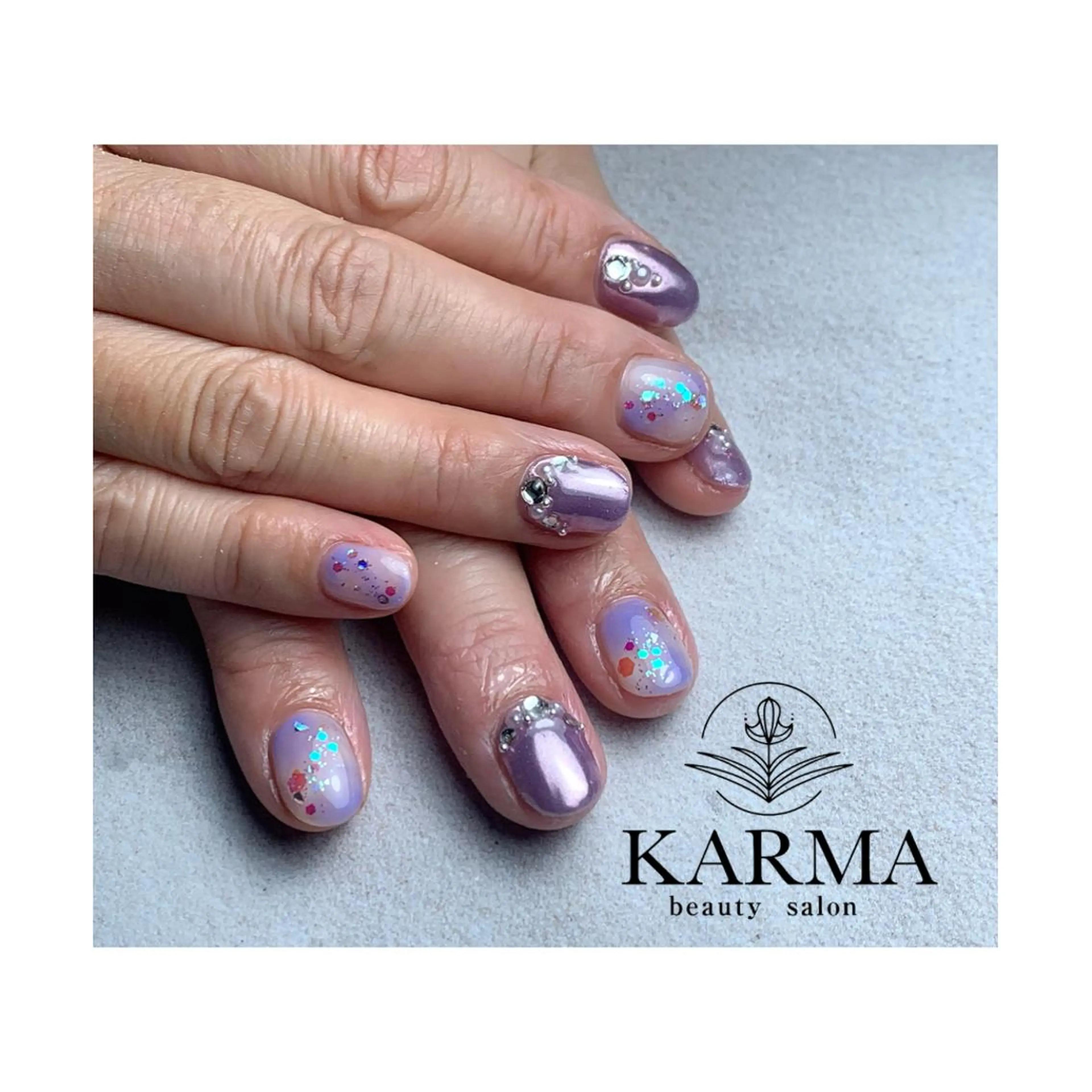 ロング ネイル パープルカラー 大理石ネイル(マーブル) パープル ハンドネイル KARMA salonのネイルデザイン