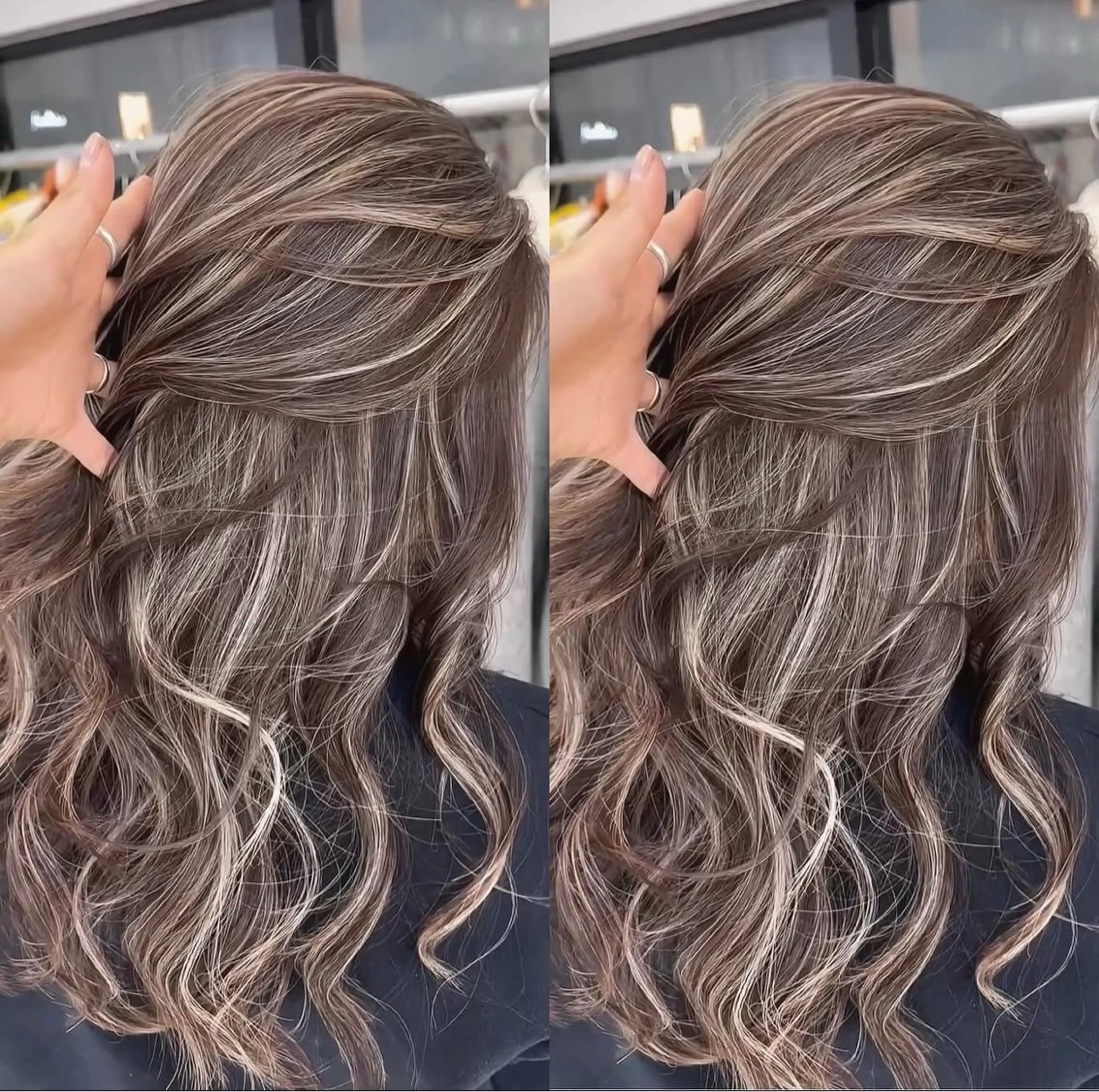 ロング カラー ベージュカラー グレージュ ハイライトカラー ミルクティーベージュ ハイライト ヘアカラー ONYX 表参道所属・表参道/ハイライト 髪質改善ストレートのヘアスタイル