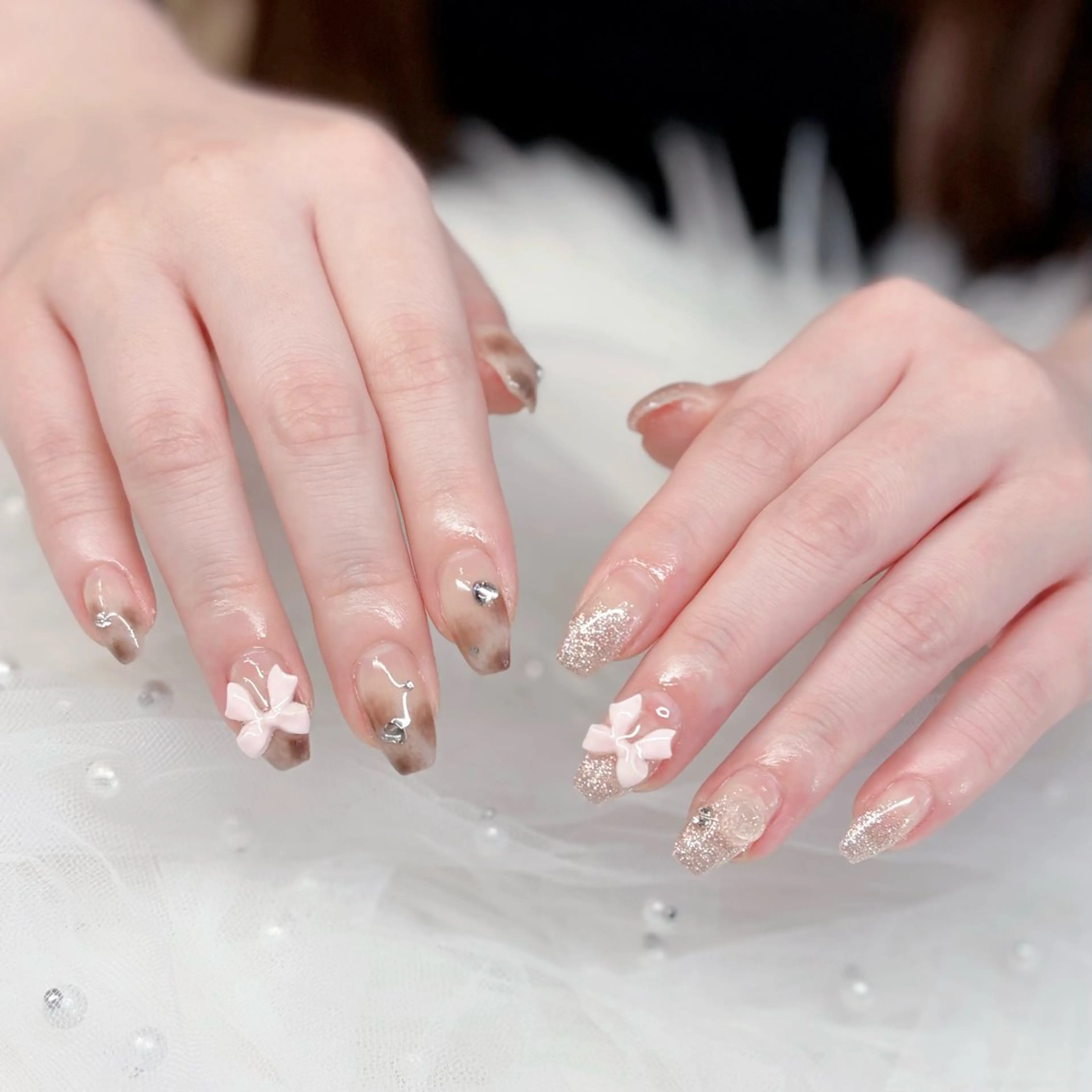 ネイル キラキラネイル ニュアンスネイル リボン ワンホンネイル ハンドネイル Keli Nail 難波のネイルデザイン