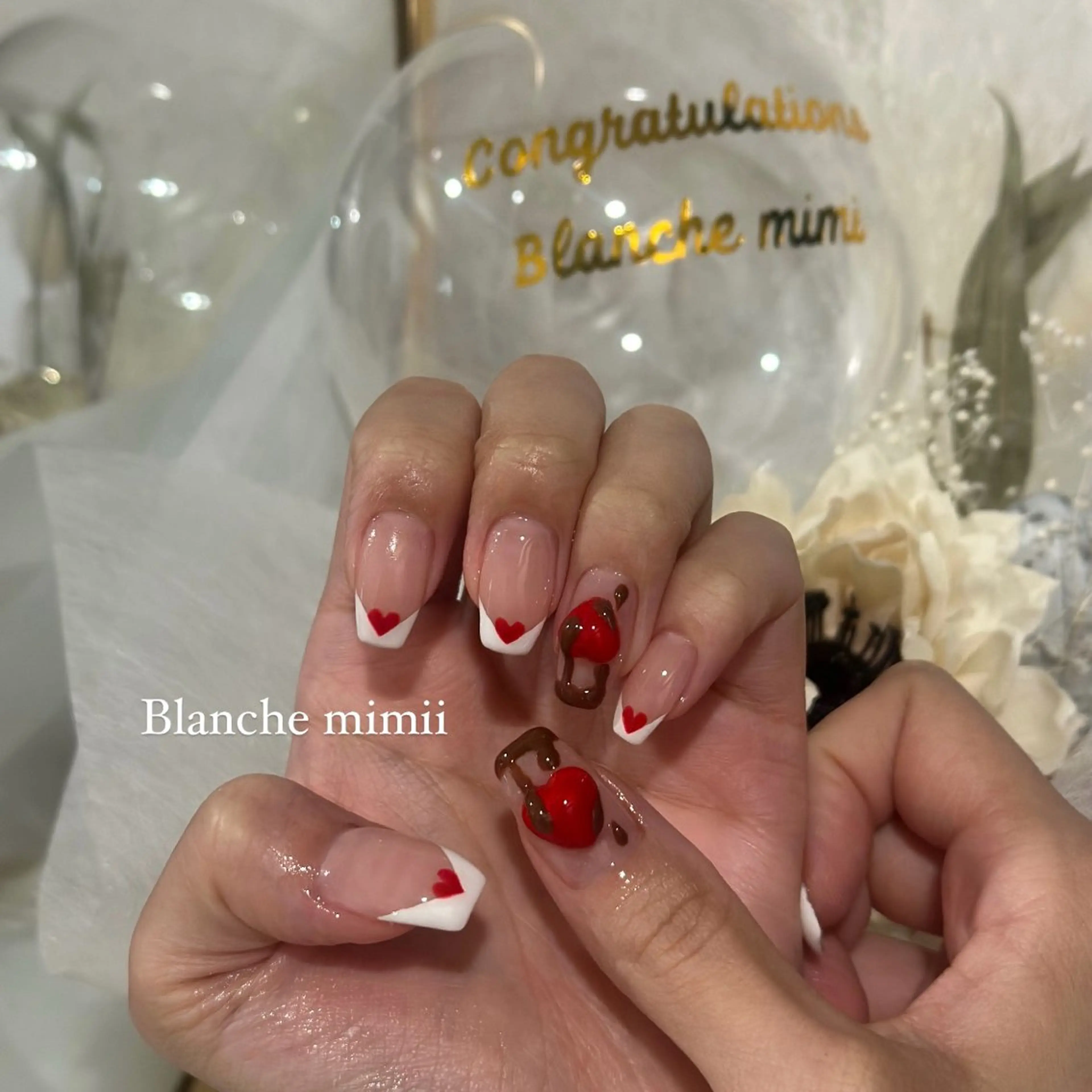 ネイル フレンチネイル ガーリー ハート 韓国ネイル バレンタイン ハンドネイル Blanche　mimii所属・Blanche Ayaのネイルデザイン