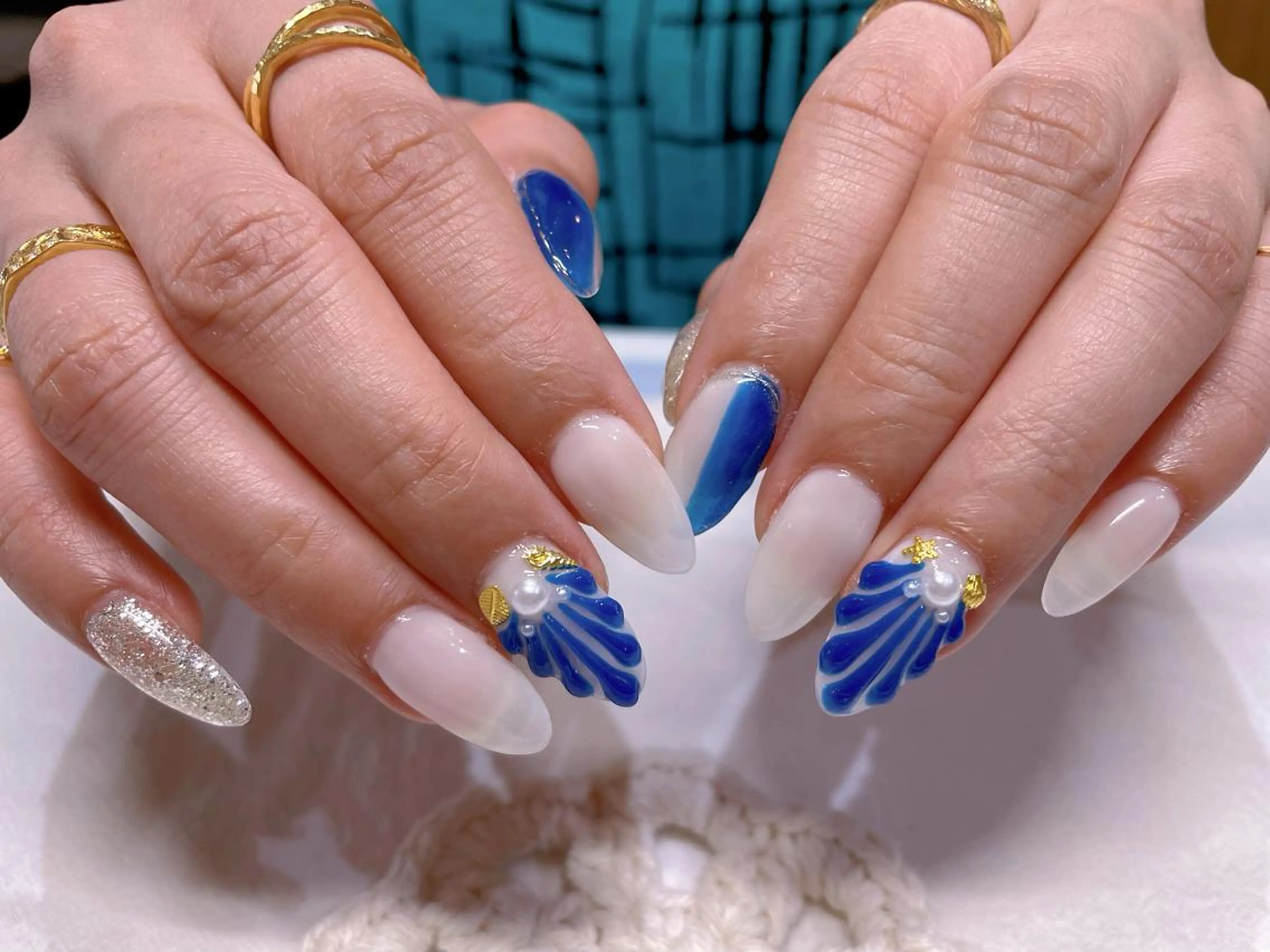 ネイル ブルー ホワイト ハンドネイル ネイリスト ❄️ユキ❄️のネイルデザイン