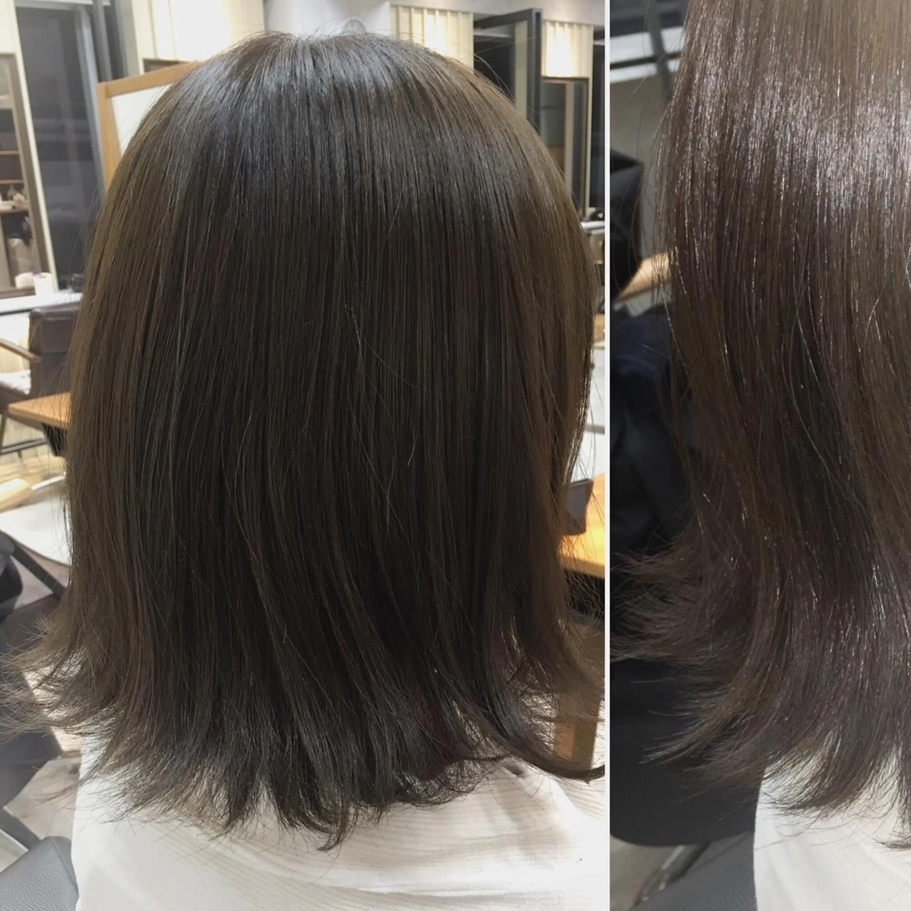 ミディアム カラー 切りっぱなしボブ アッシュ アッシュブラウン ブラウンカラー 透明感カラー ワタイショウタ 髪質改善✨眉毛サロンのヘアスタイル