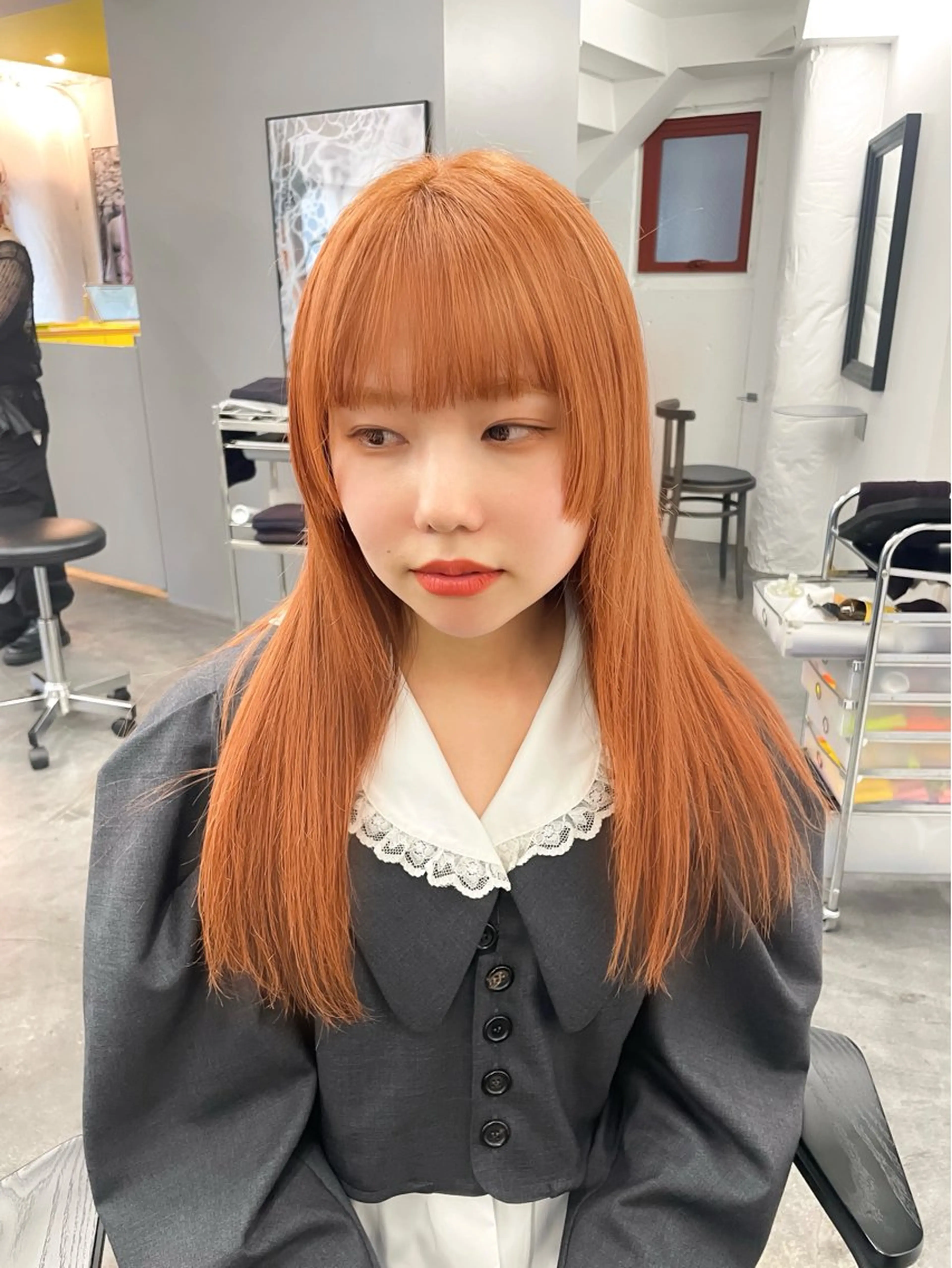 セミロング カラー ヘアアレンジ オレンジ ヘアカラー ハッシュカット/ 韓国ヘア☽⋰mahoのヘアスタイル