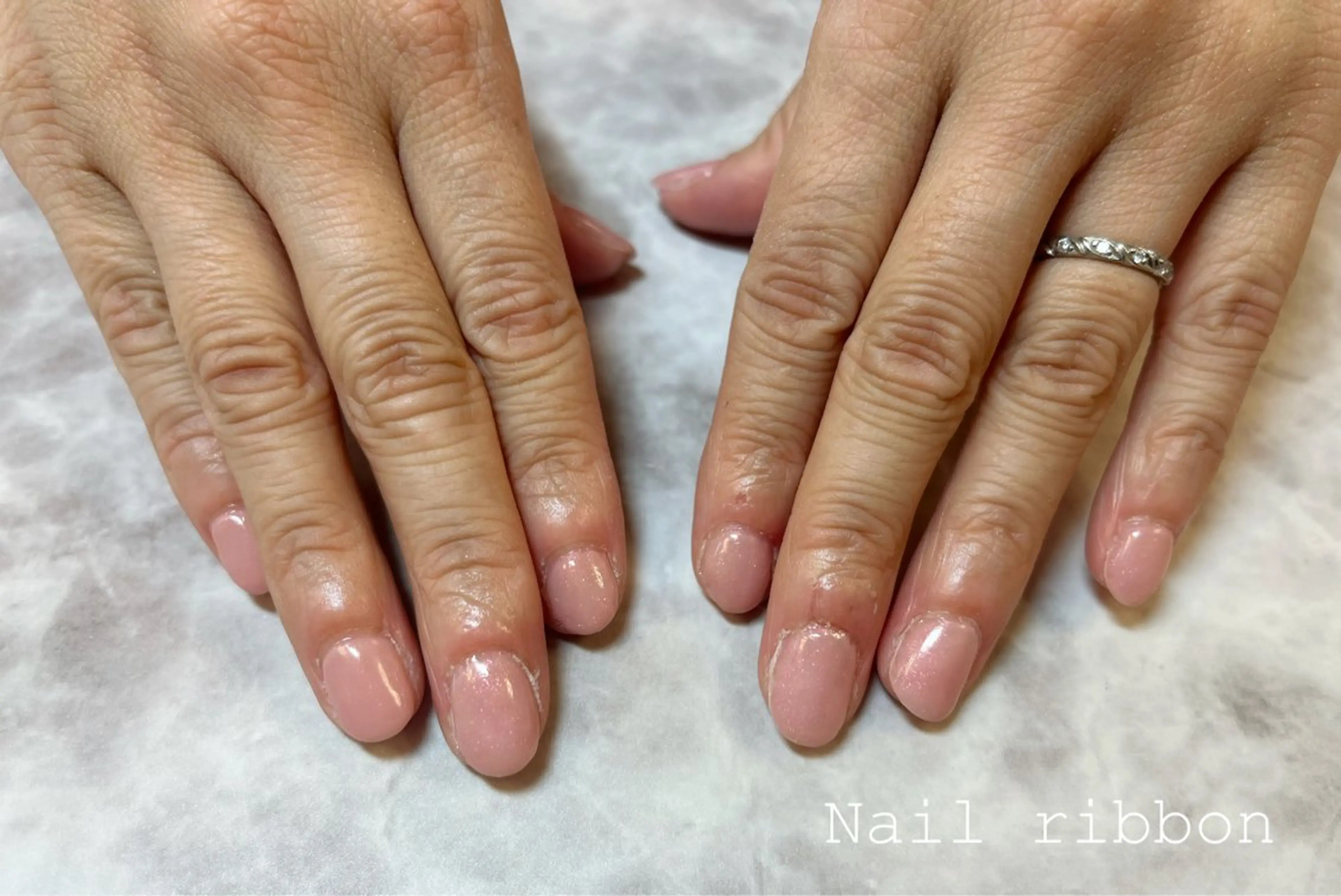 ネイル ワンカラーネイル ピンク ピンクベージュ ネイルリボン 笠井のネイルデザイン