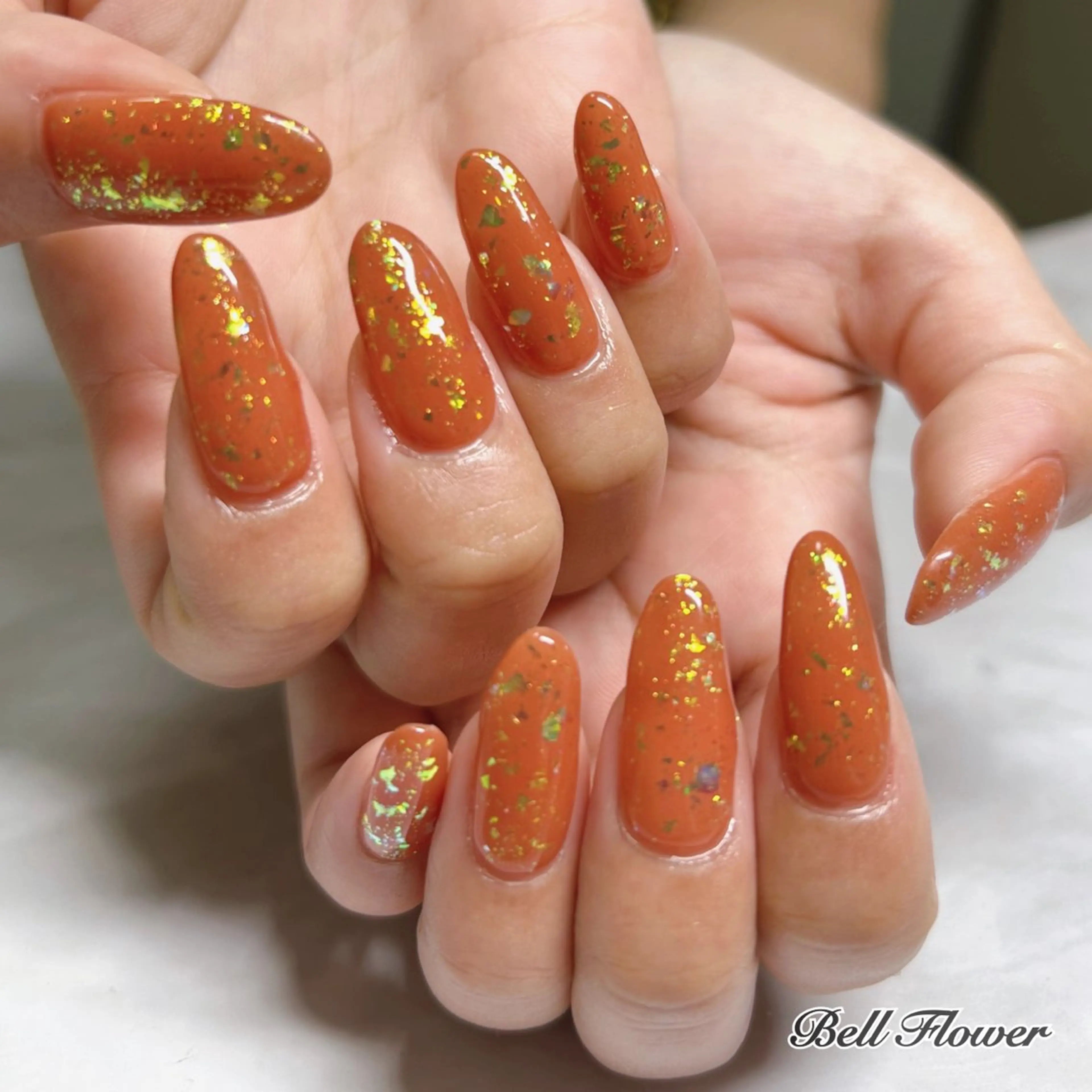 ネイル 長さ出し ラメ(グリッター) ワンカラーネイル Bell Flowerのネイルデザイン