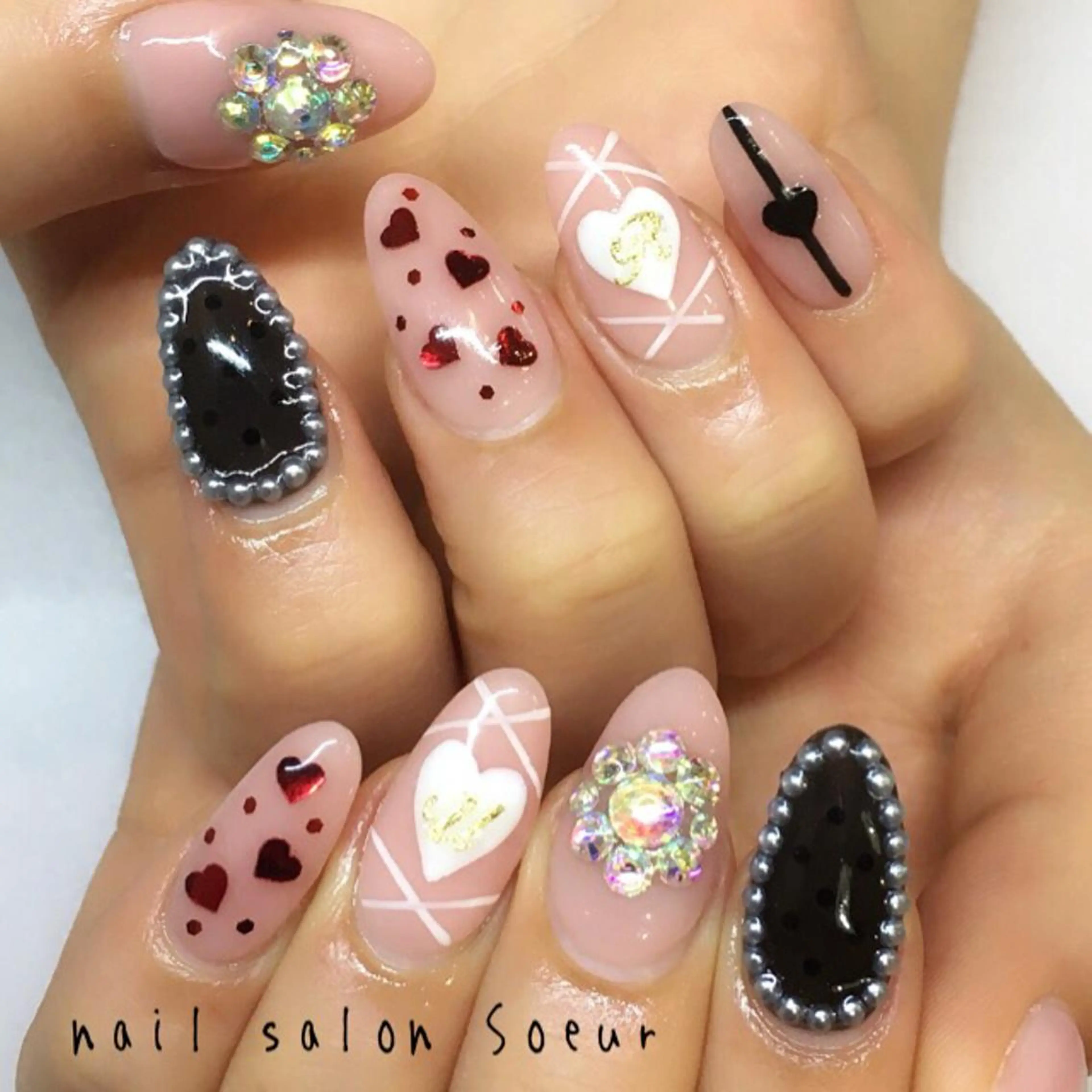 ネイル ハート 持ち込み ピンク スカルプネイル ハンドネイル nail salon Soeurのネイルデザイン