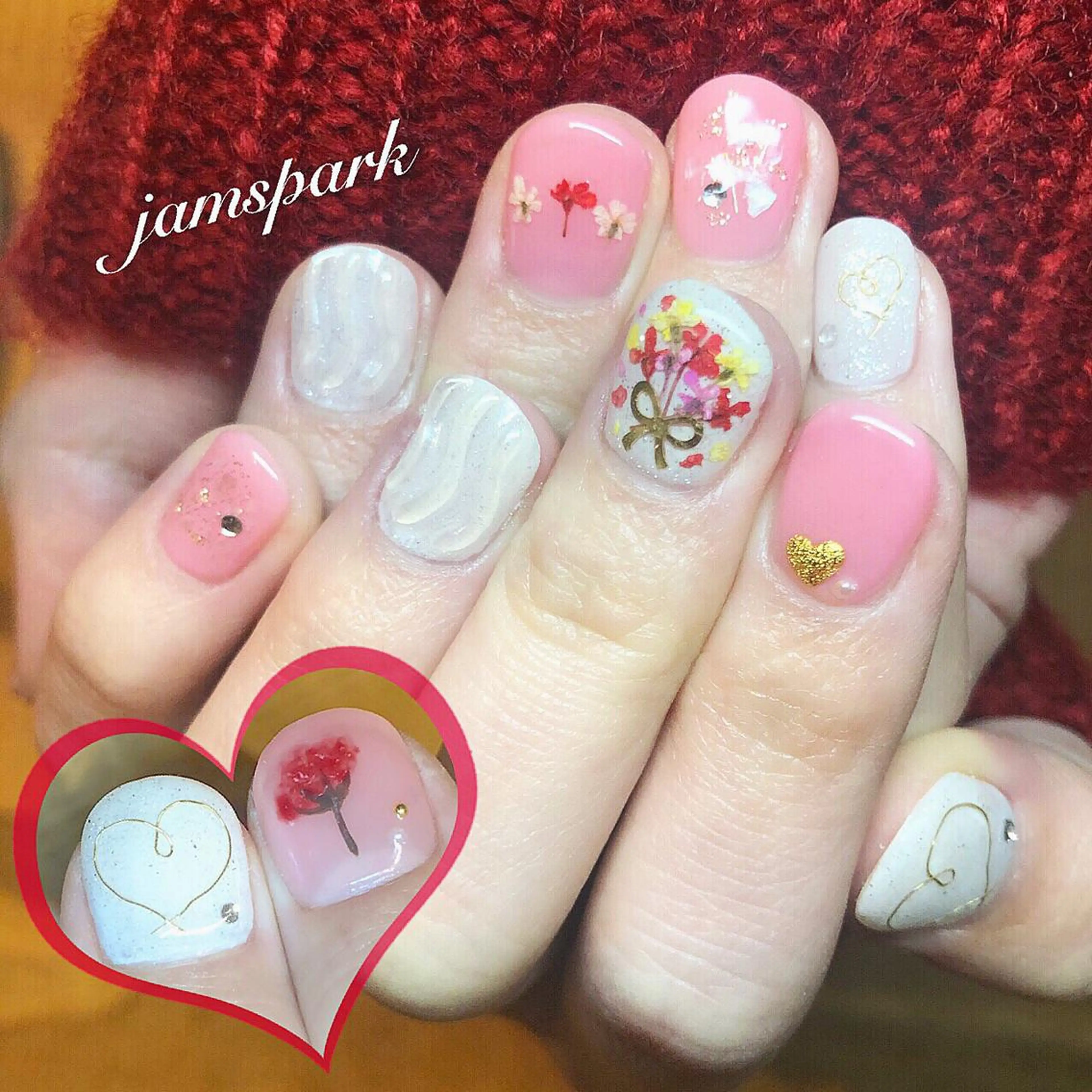 ネイル フラワーネイル ハート リボン ハンドネイル jamspark ✨のネイルデザイン