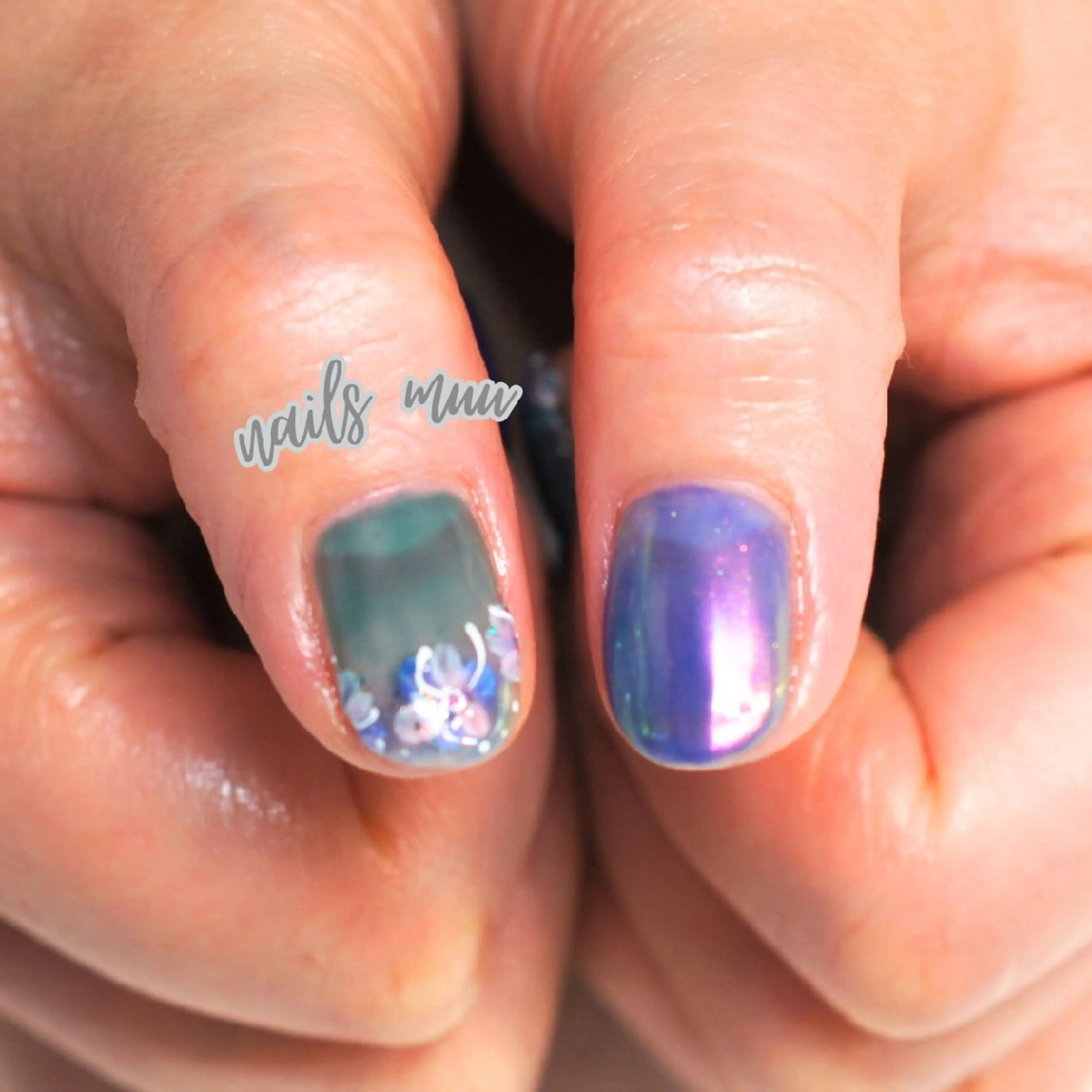 ネイル ブルー グリーン ニュアンスネイル 春ネイル ハンドネイル nails muu まゆのネイルデザイン