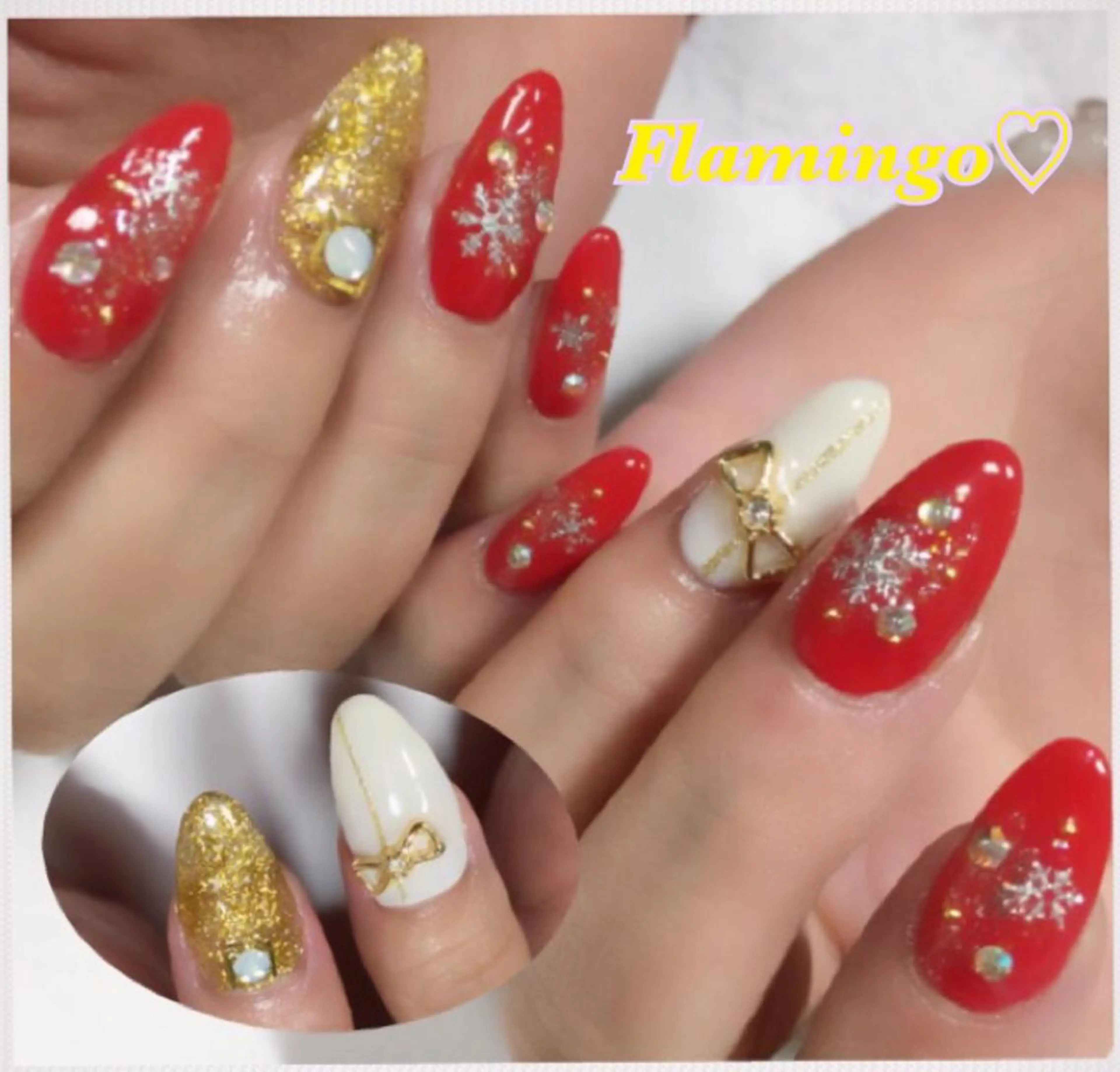 ネイル アートネイル ラメ(グリッター) リボン ストーンネイル 40代からの爪を守る ×ケア重視サロン♡のネイルデザイン