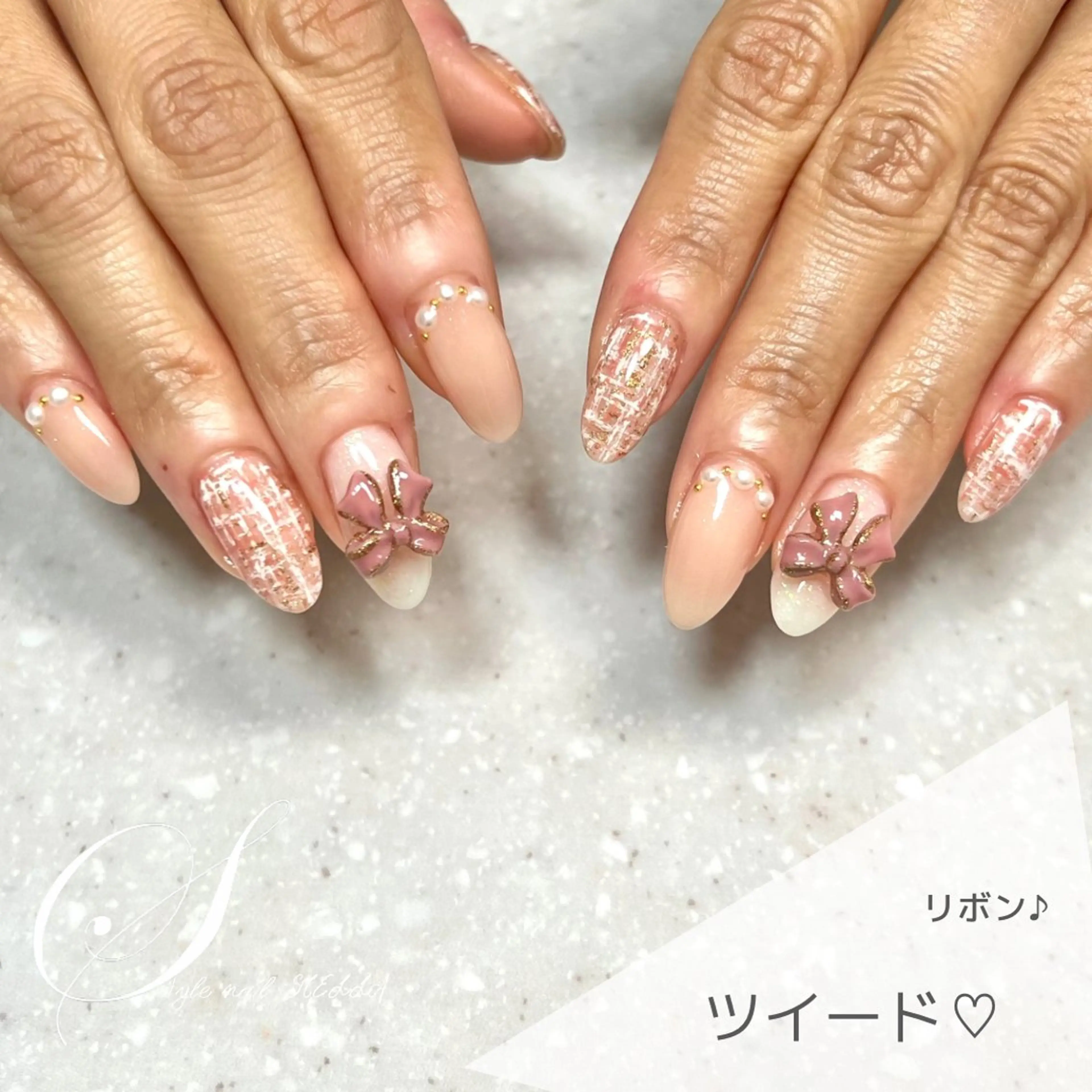ネイル リボン ツイードネイル ハンドネイル ステラ marikominoのネイルデザイン