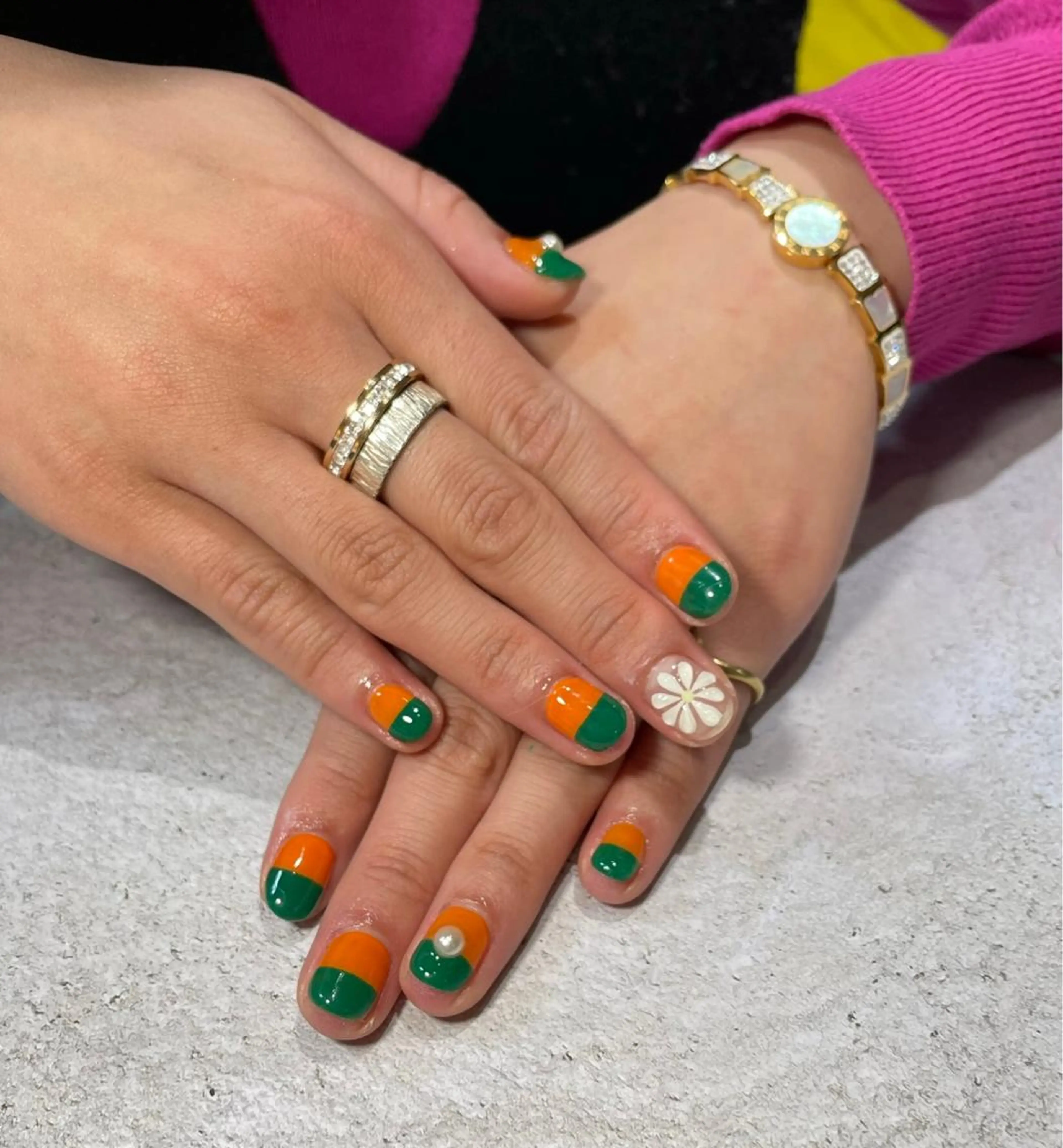 ネイル フラワーネイル グリーン オレンジ nail salon CIELのネイルデザイン