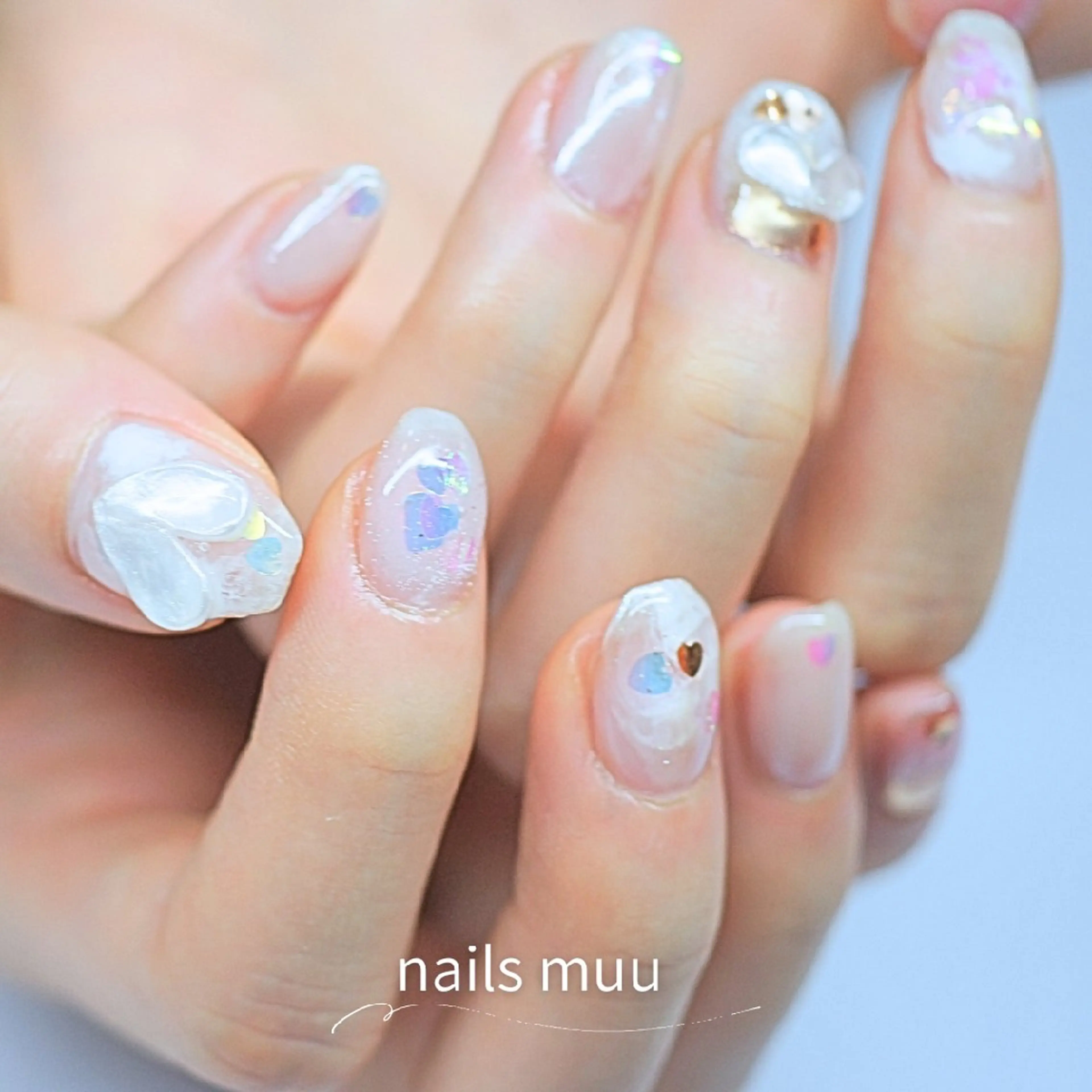 ネイル アートネイル オーロラネイル ハート 氷ネイル・うるうるネイル ホワイト ハンドネイル nails muu まゆのネイルデザイン