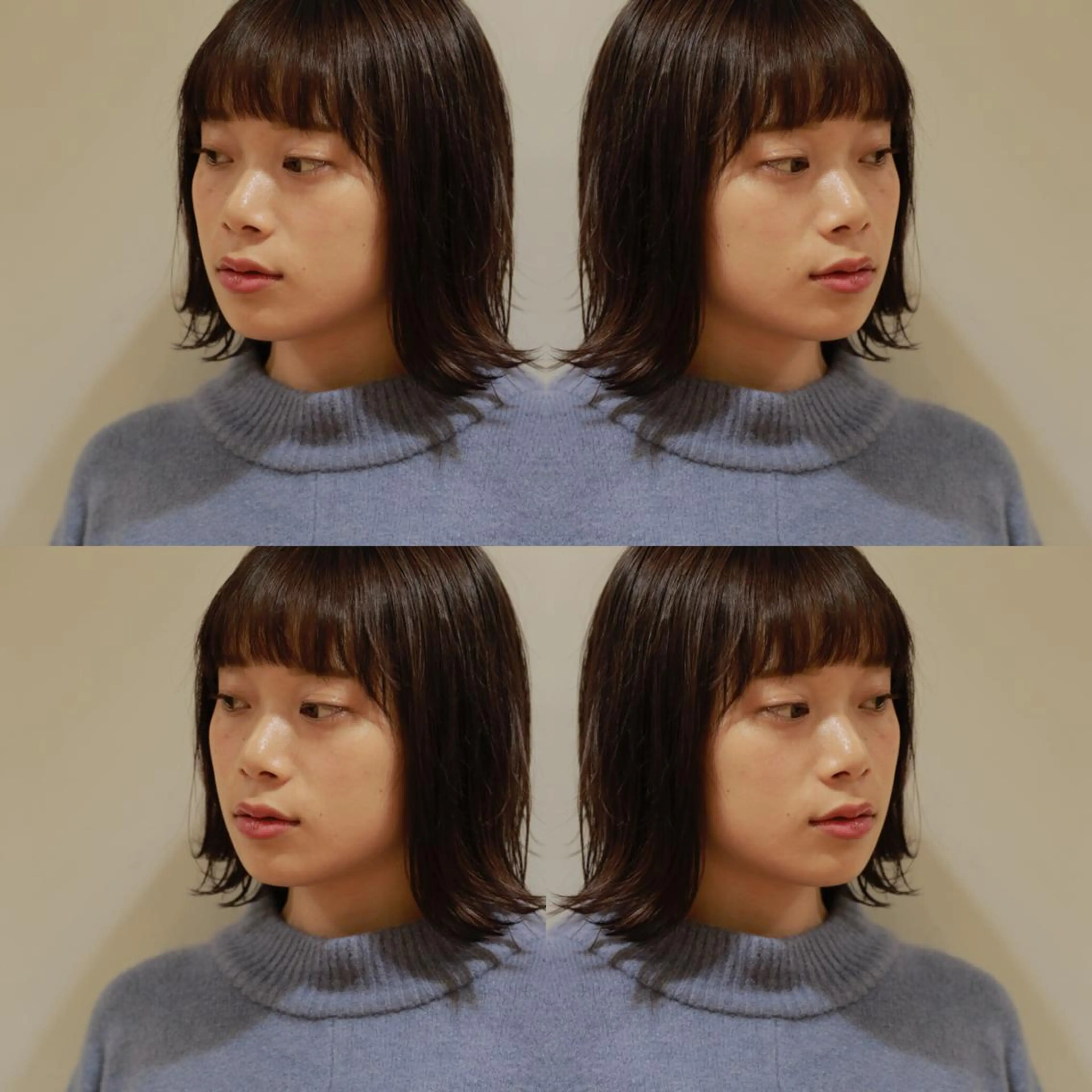 ミディアム カラー 切りっぱなしボブ ダークグレー ダークグレージュ グレージュ ボブ レイヤーパーマ、 メンズボブsiteのヘアスタイル