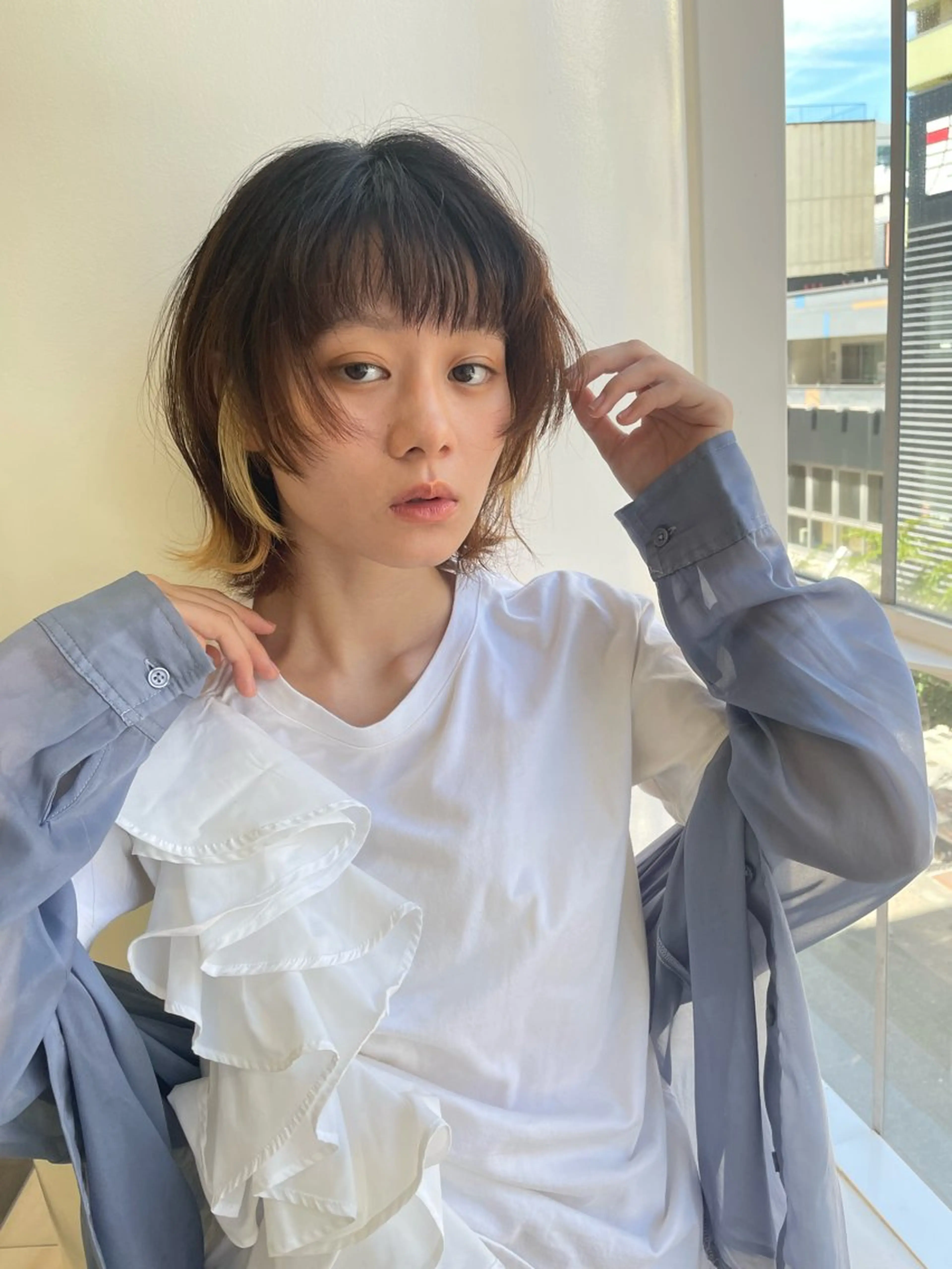 ミディアム カラー 顔まわりレイヤー 顔周りカット レイヤーカット ウルフカット ウルフレイヤー カット ヘアカラー トリートメント 河合秀明/ショート /ボブ/レイヤーのヘアスタイル