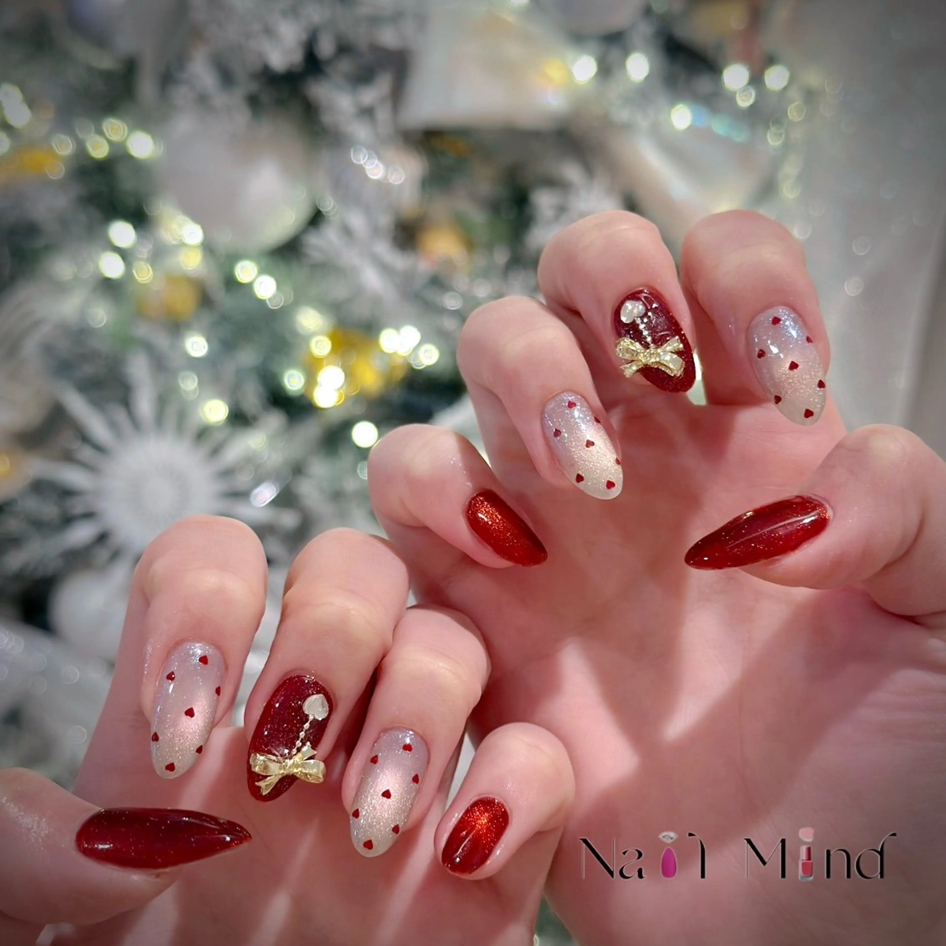 ネイル ハート ラメ(グリッター) マグネットネイル 赤色 リボン ハンドネイル Nail Mind (NaONail)のネイルデザイン