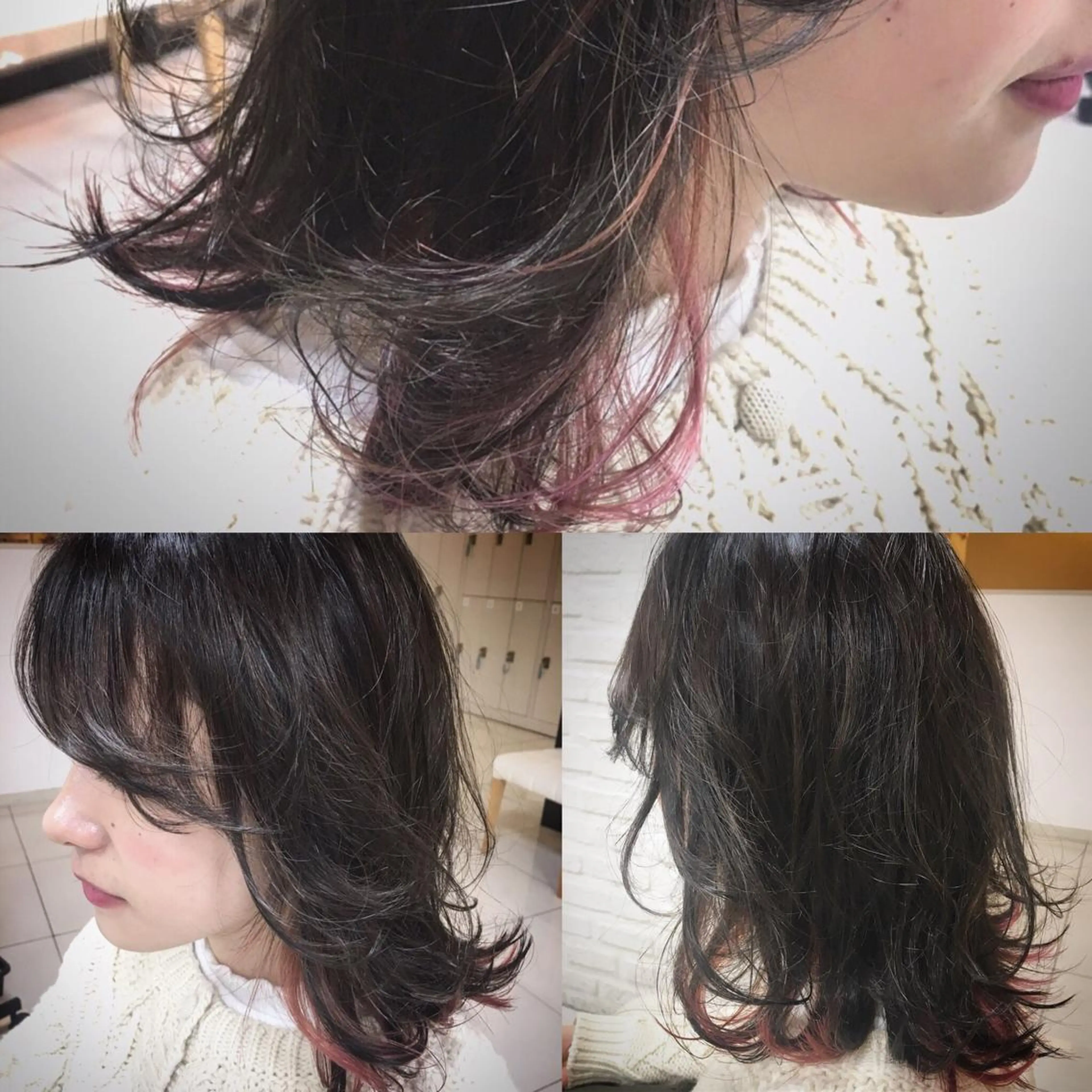 ミディアム カラー ブリーチ グレージュ イルミナカラー インナーカラー ピンクカラー K kasumiのヘアスタイル