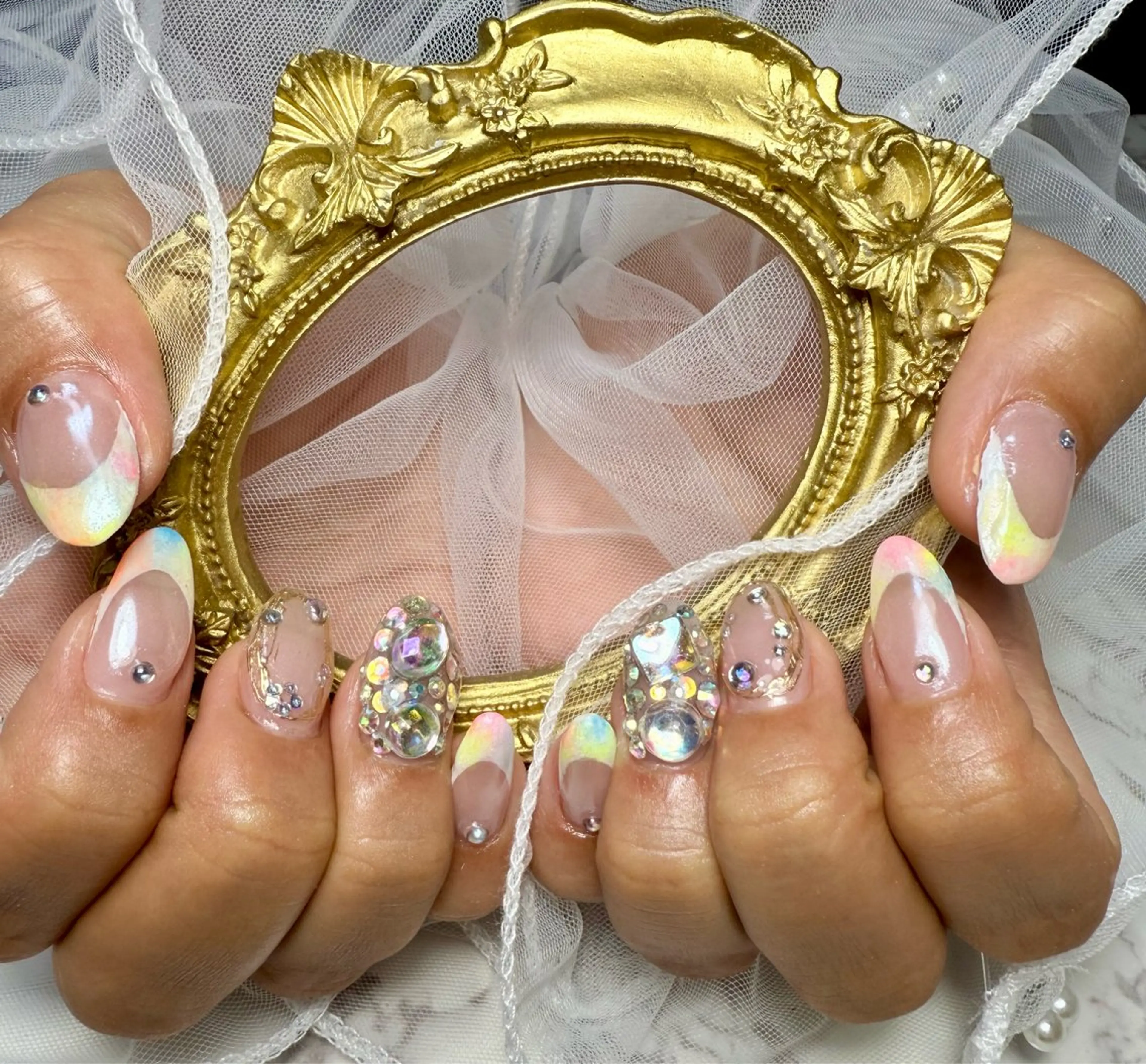 ネイル アートネイル フレンチネイル ガラスフレンチ 氷ネイル・うるうるネイル キラキラネイル M.N_ nailのネイルデザイン