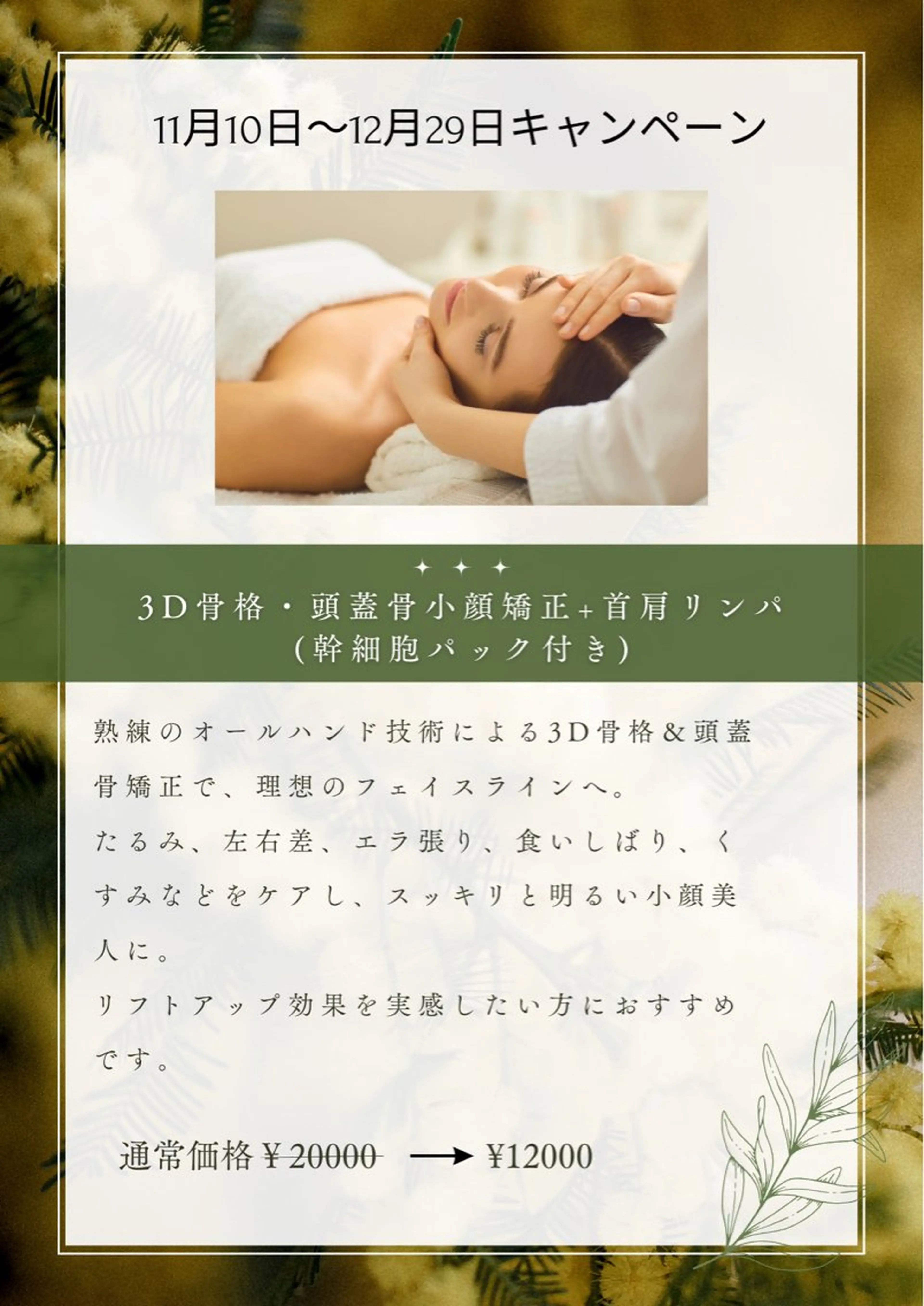 【年末キャンペーン】3D骨格・頭蓋骨小顔矯正+首肩リンパ（パック付き）の写真