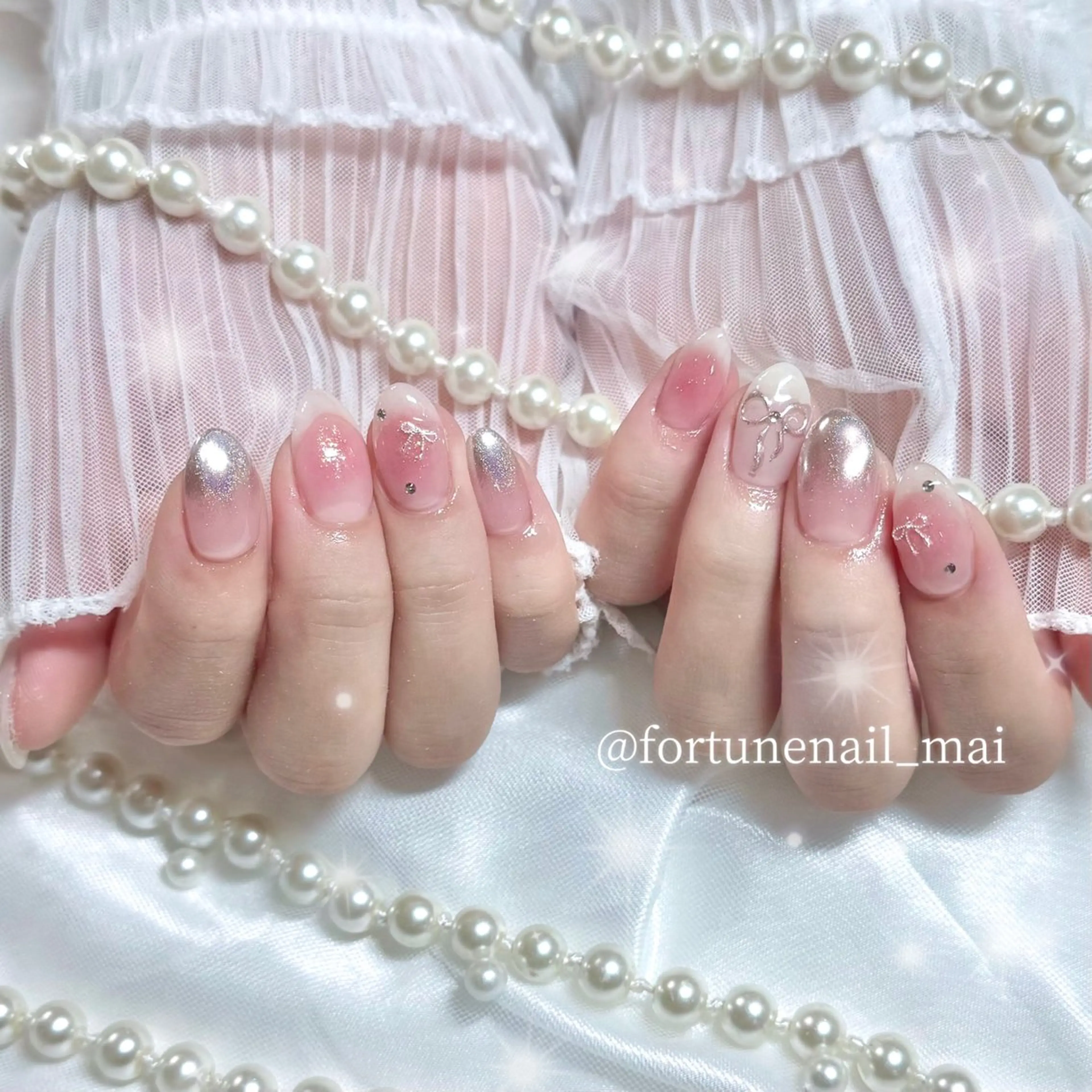 ネイル チークネイル ガーリー リボン ワンホンネイル ハンドネイル 🎀Mai 🎀8/8🈳のネイルデザイン