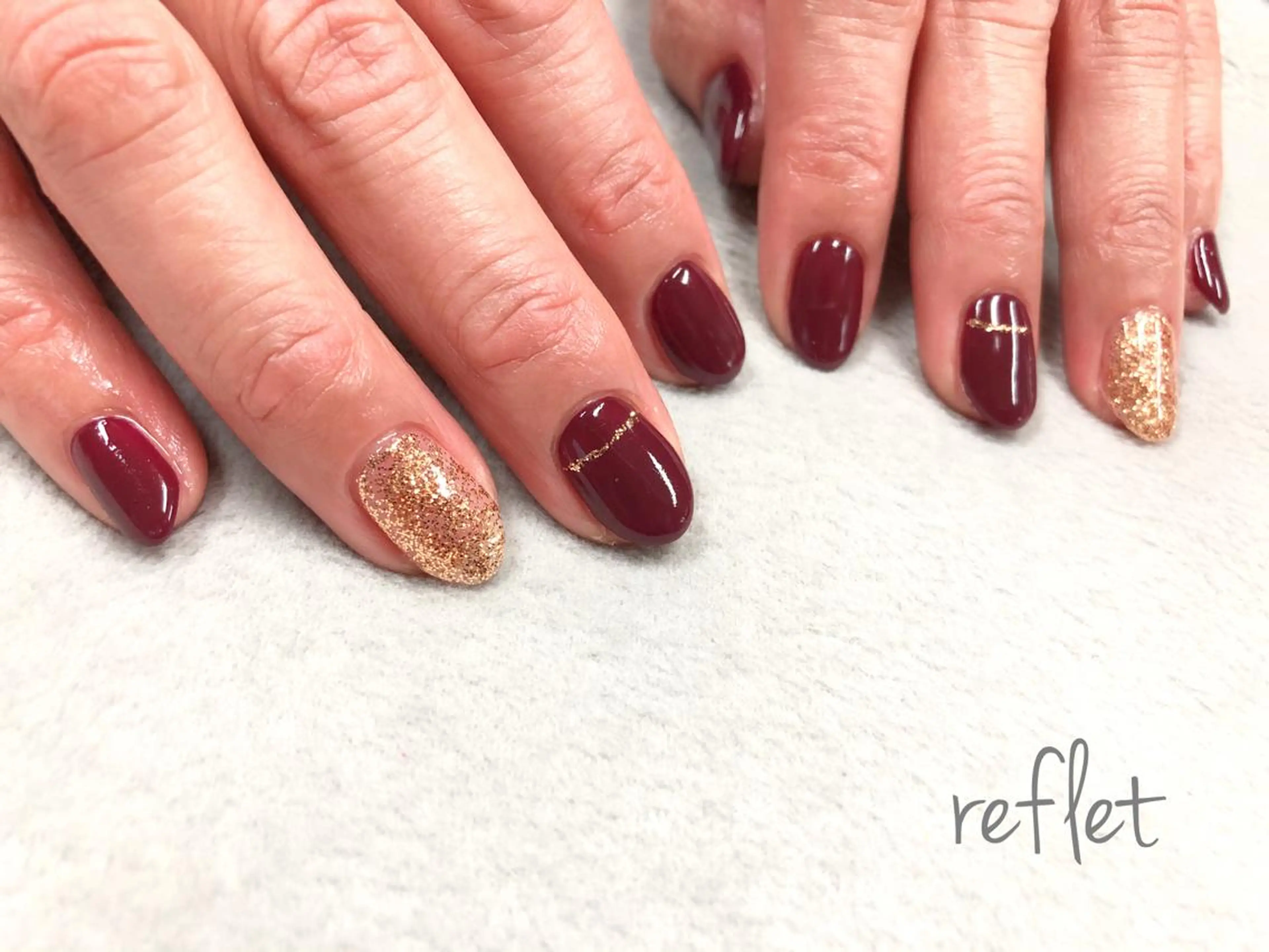 ネイル ラメ(グリッター) ワンカラーネイル 赤色 ハンドネイル reflet nailのネイルデザイン
