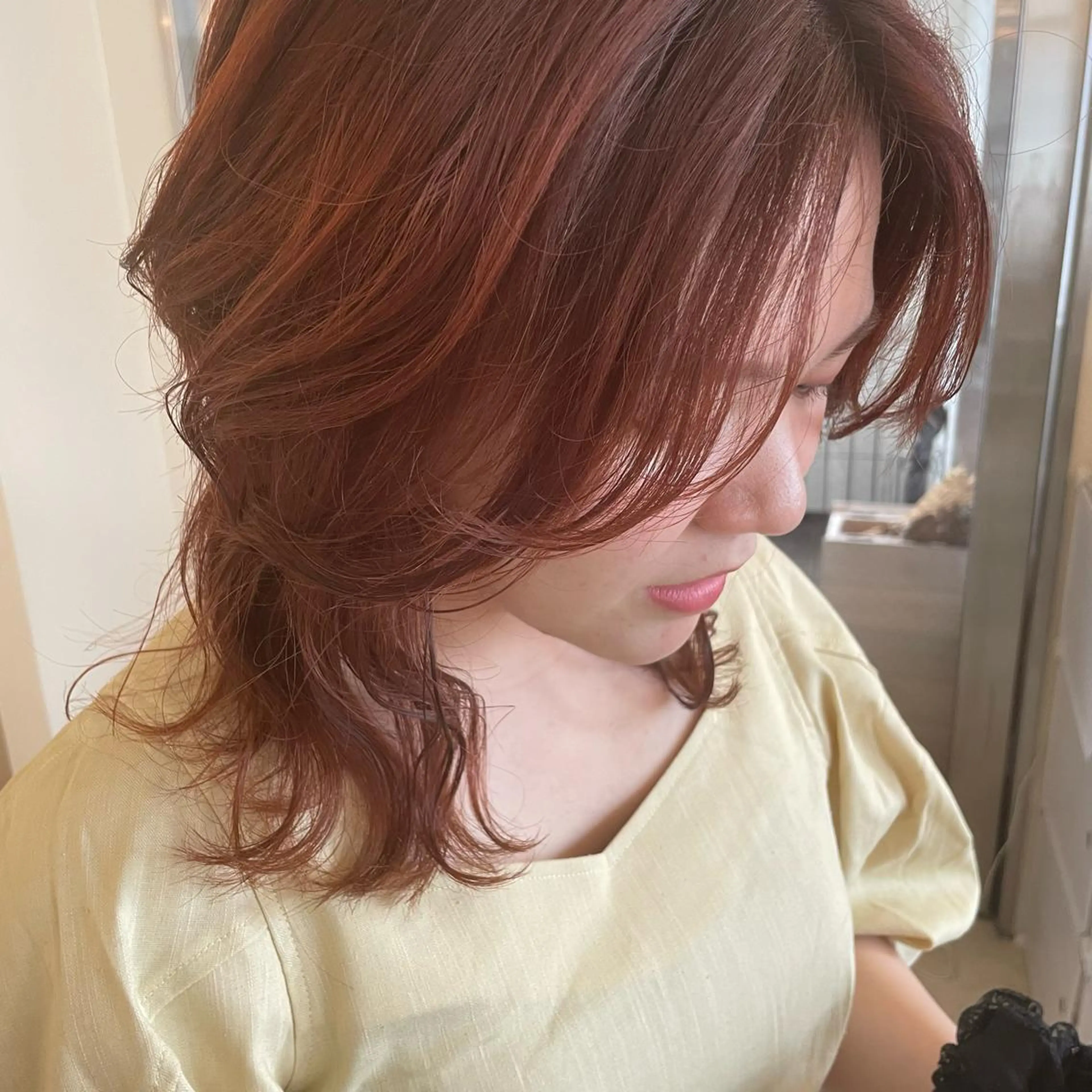 ミディアム カラー ブリーチ 透明感カラー ブリーチなしカラー オレンジ ボブウルフ／ボブ Satsukiのヘアスタイル