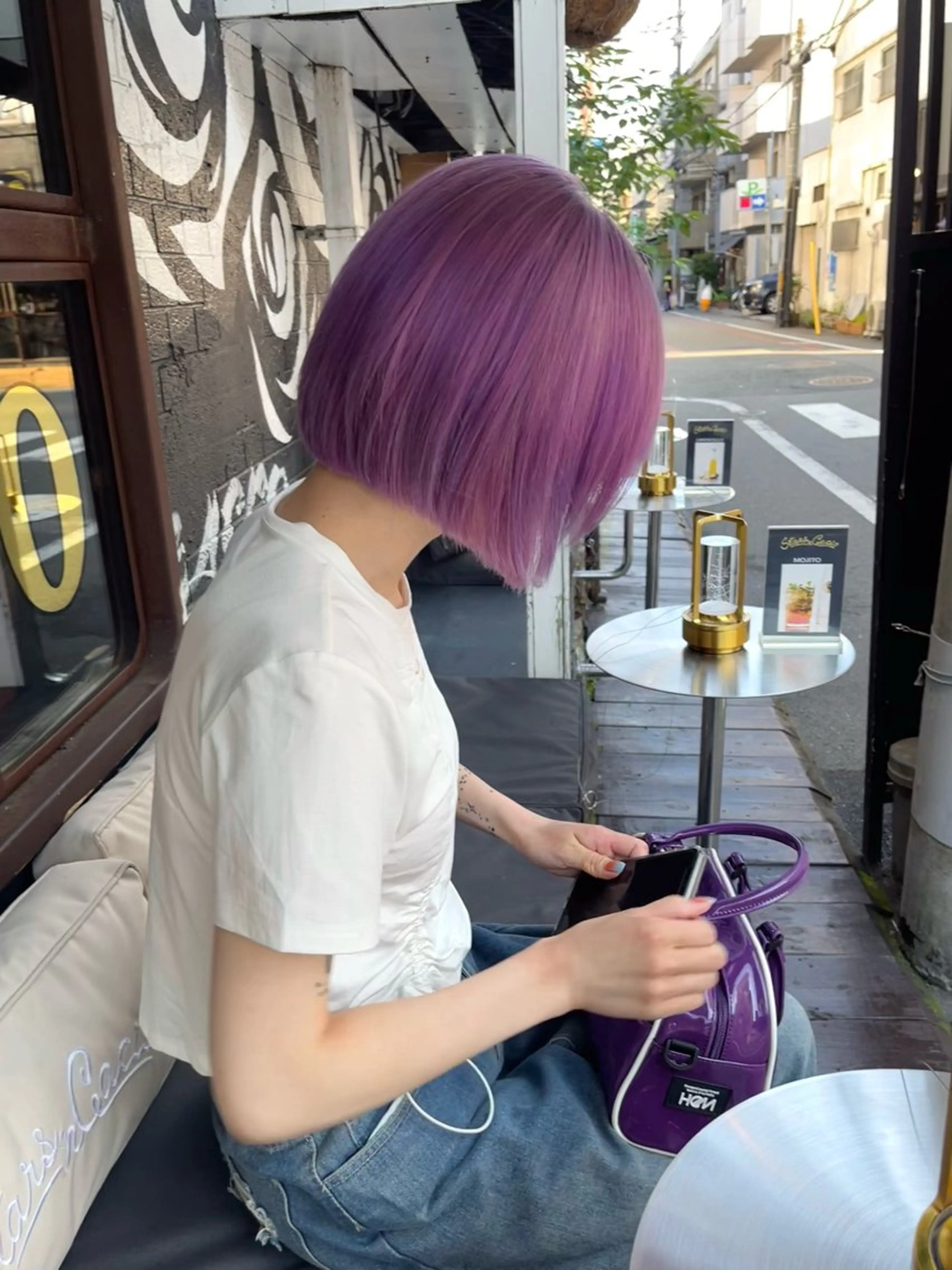 ショート カラー ラベンダーカラー カット ヘアカラー トリートメント 髪質改善ｶﾗｰ ｹｱﾌﾞﾘｰﾁ/ﾀﾑのヘアスタイル