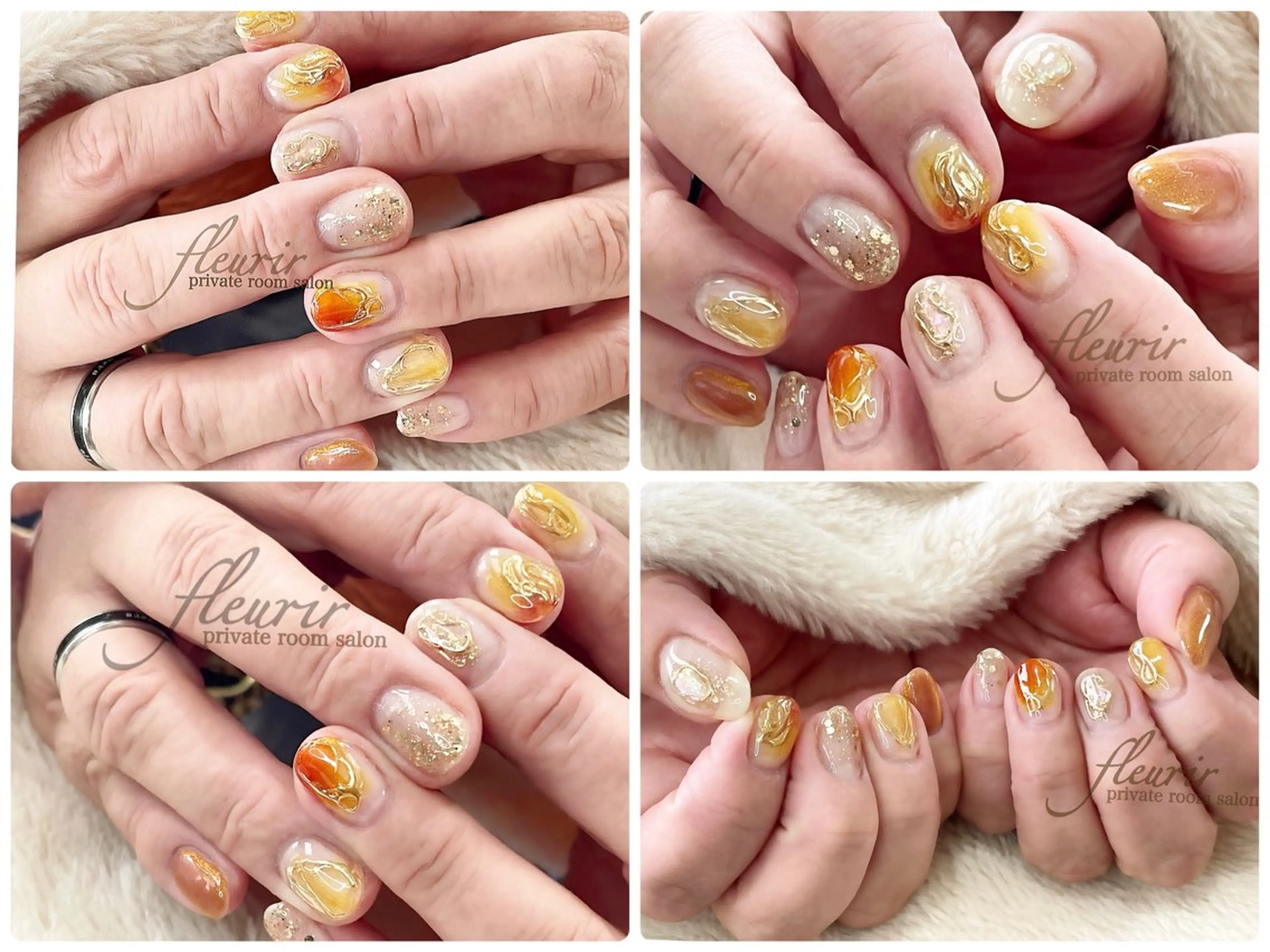 ネイル ゴールド マグネットネイル オレンジ 黄色 フルリール 【プライベートサロンのネイルデザイン