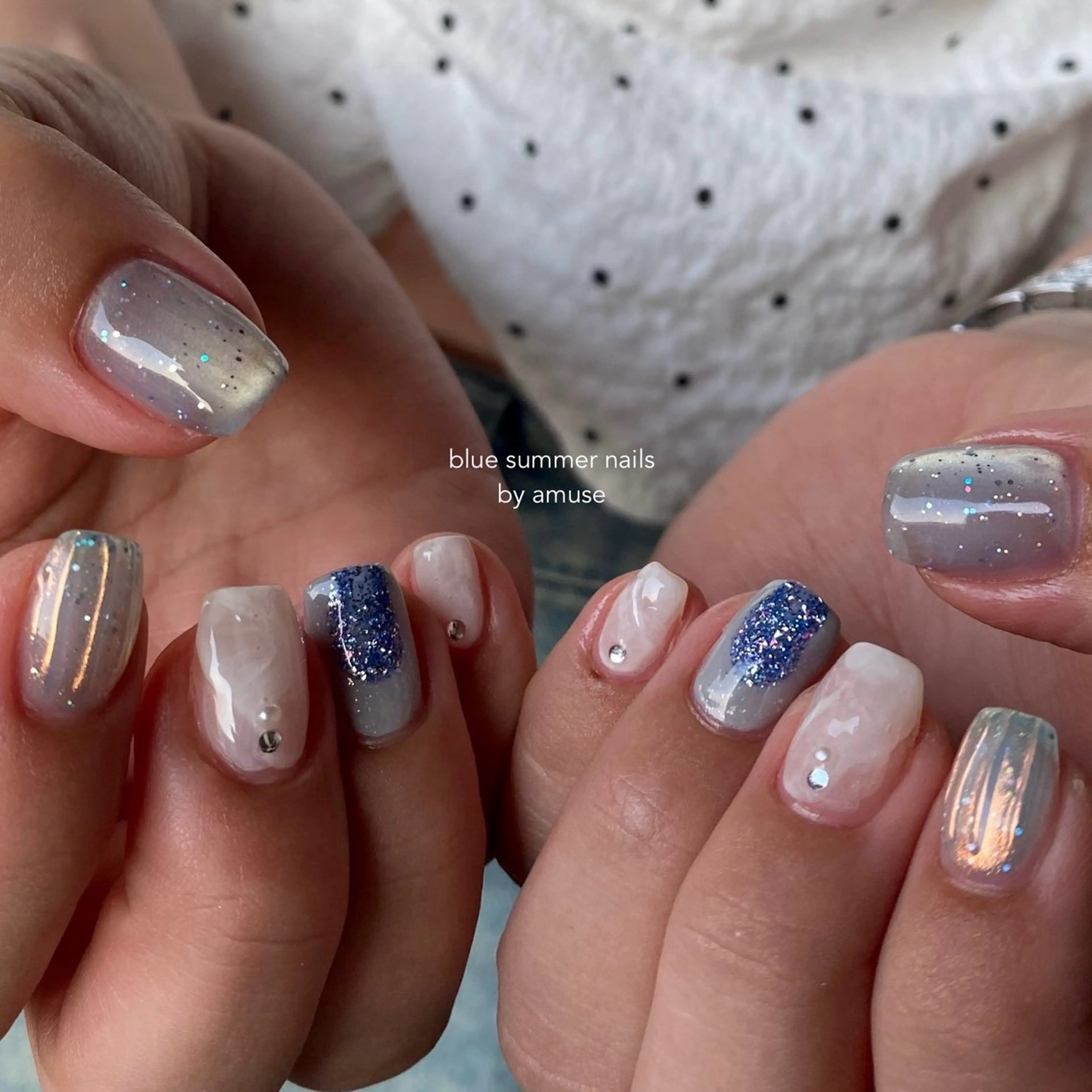 ネイル ブルー マグネットネイル 夏ネイル ハンドネイル nail amuseのネイルデザイン