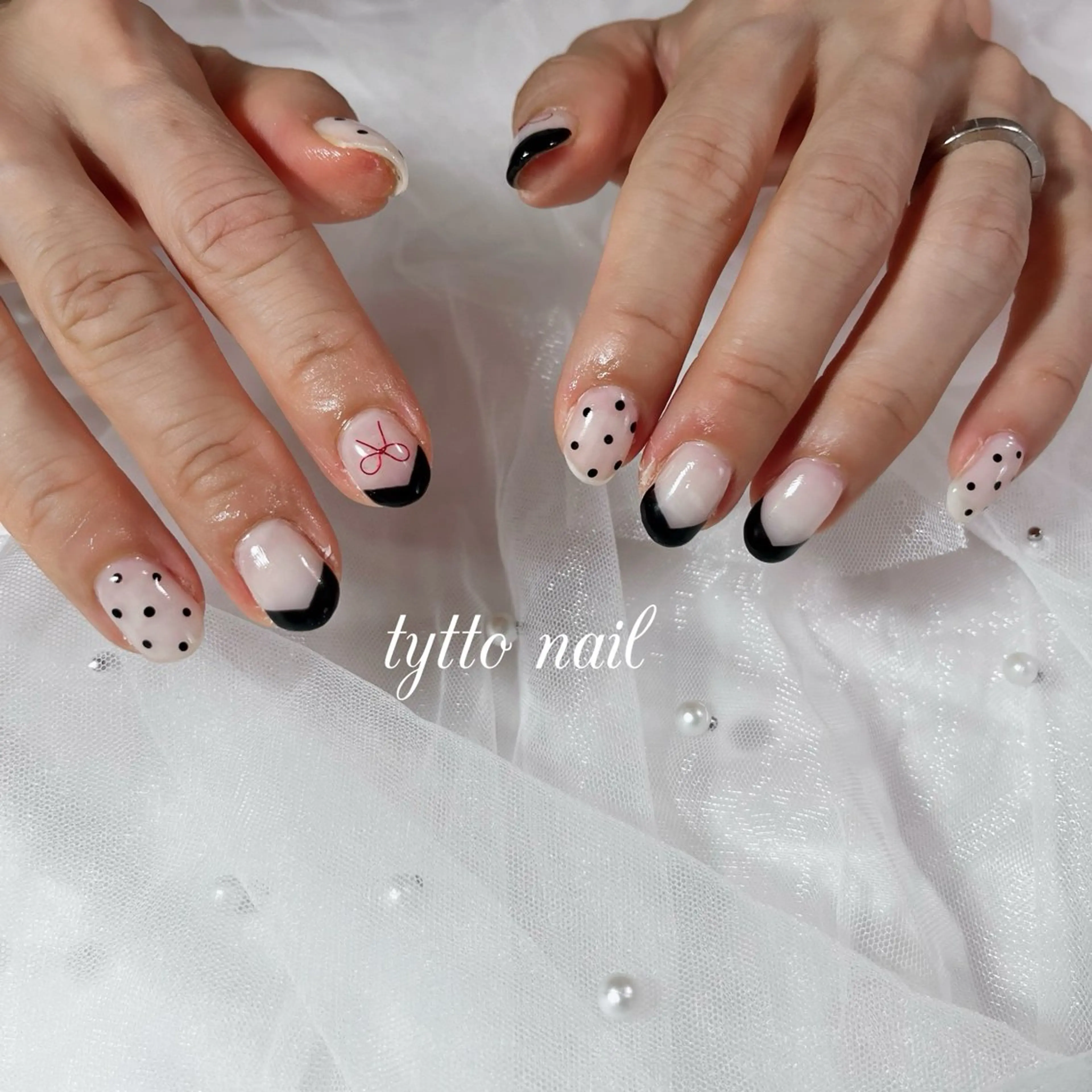 ネイル アートネイル ドット フレンチネイル ガーリー 韓国ネイル ハンドネイル tytto nail ❤︎‪‪eri‪‪のネイルデザイン