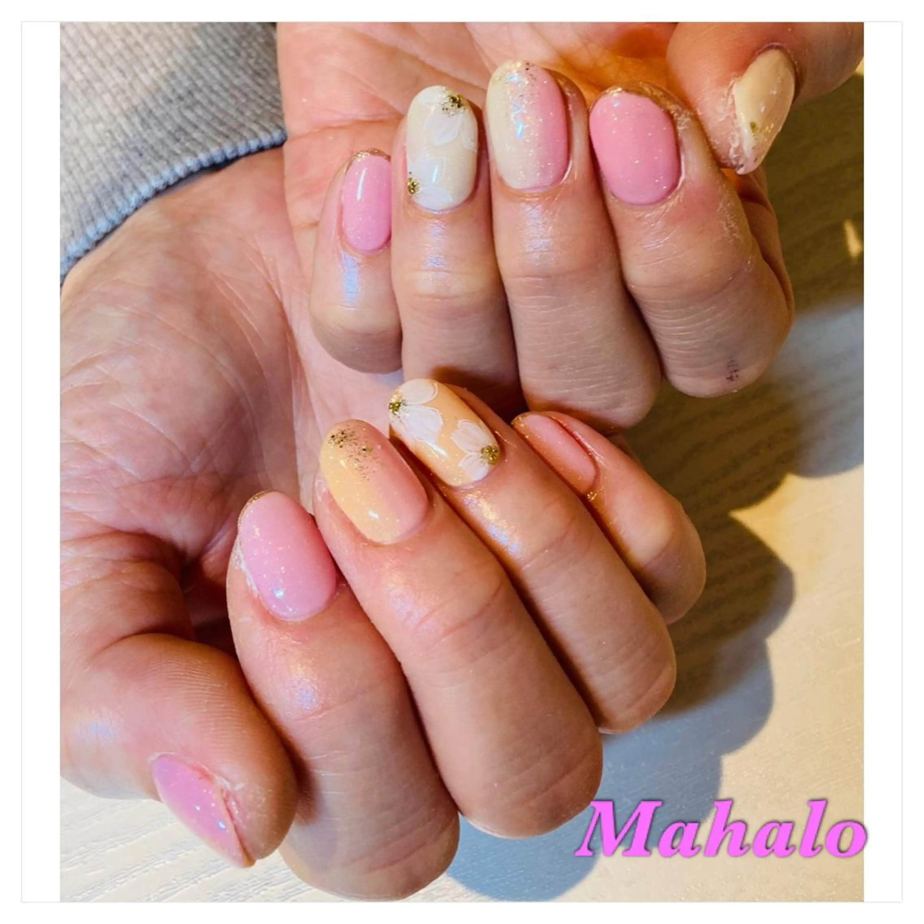 ネイル フラワーネイル グラデーション ラメ(グリッター) オレンジ パステルネイル Nail Salon Mahaloのネイルデザイン