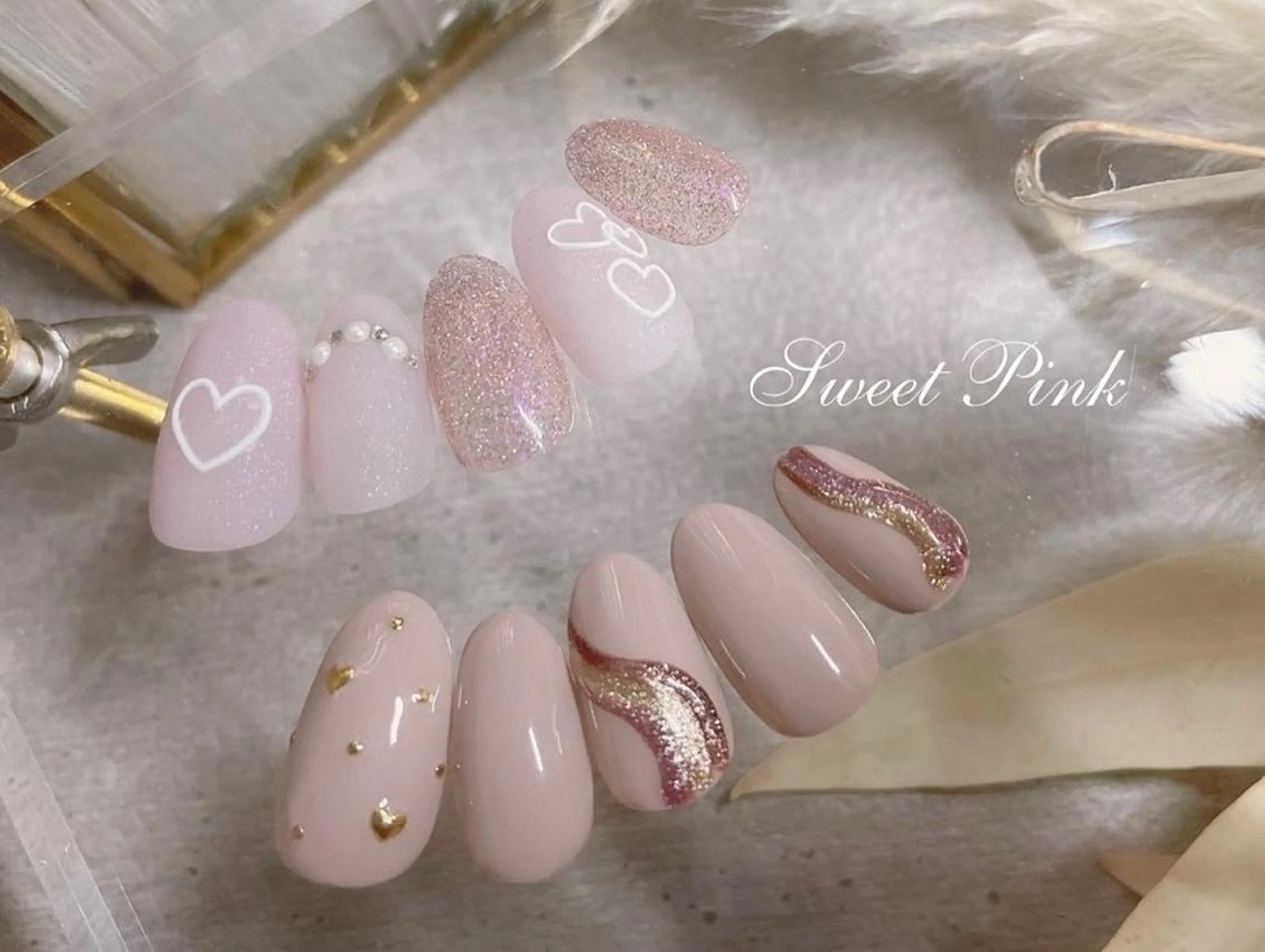 ネイル ハート ピンク バレンタイン ハンドネイル GREEM グリームのネイルデザイン