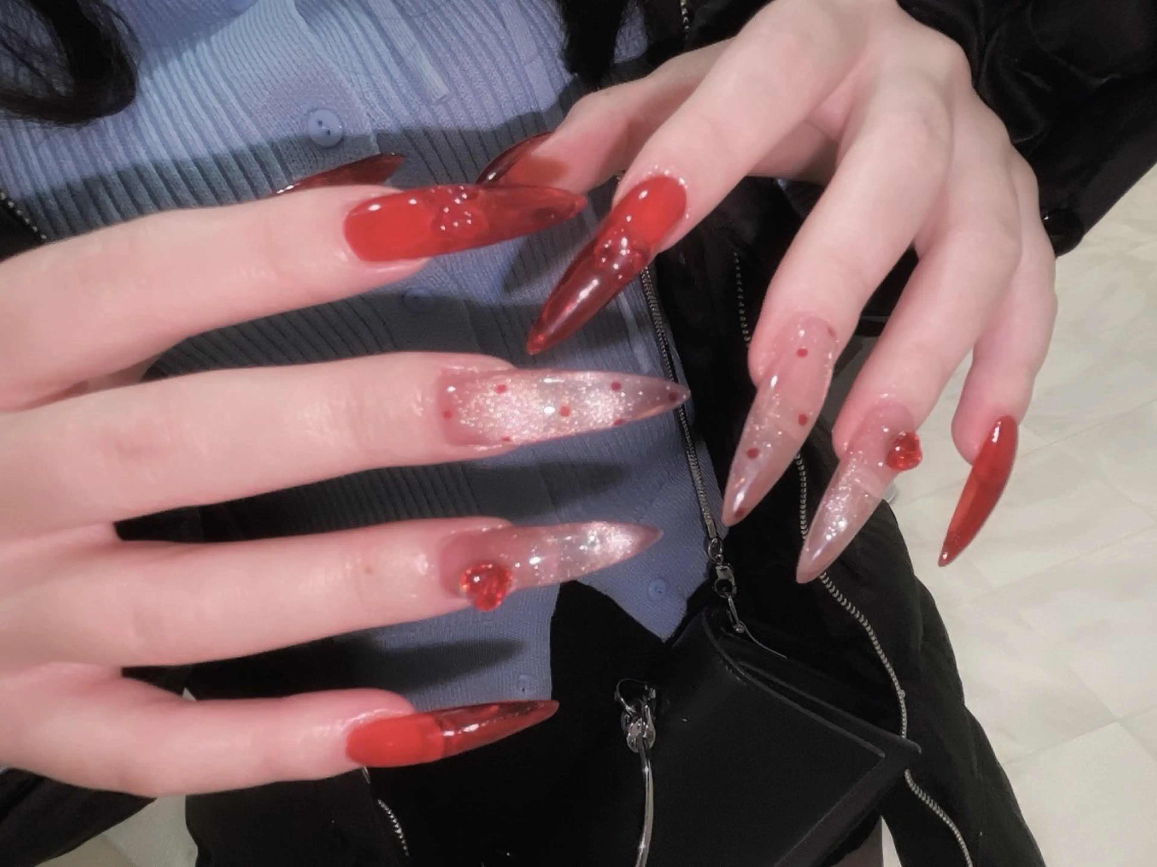 ネイル アートネイル ハート ロングネイル マグネットネイル 持ち込み ハンドネイル emu【心斎橋店】 michinaのネイルデザイン