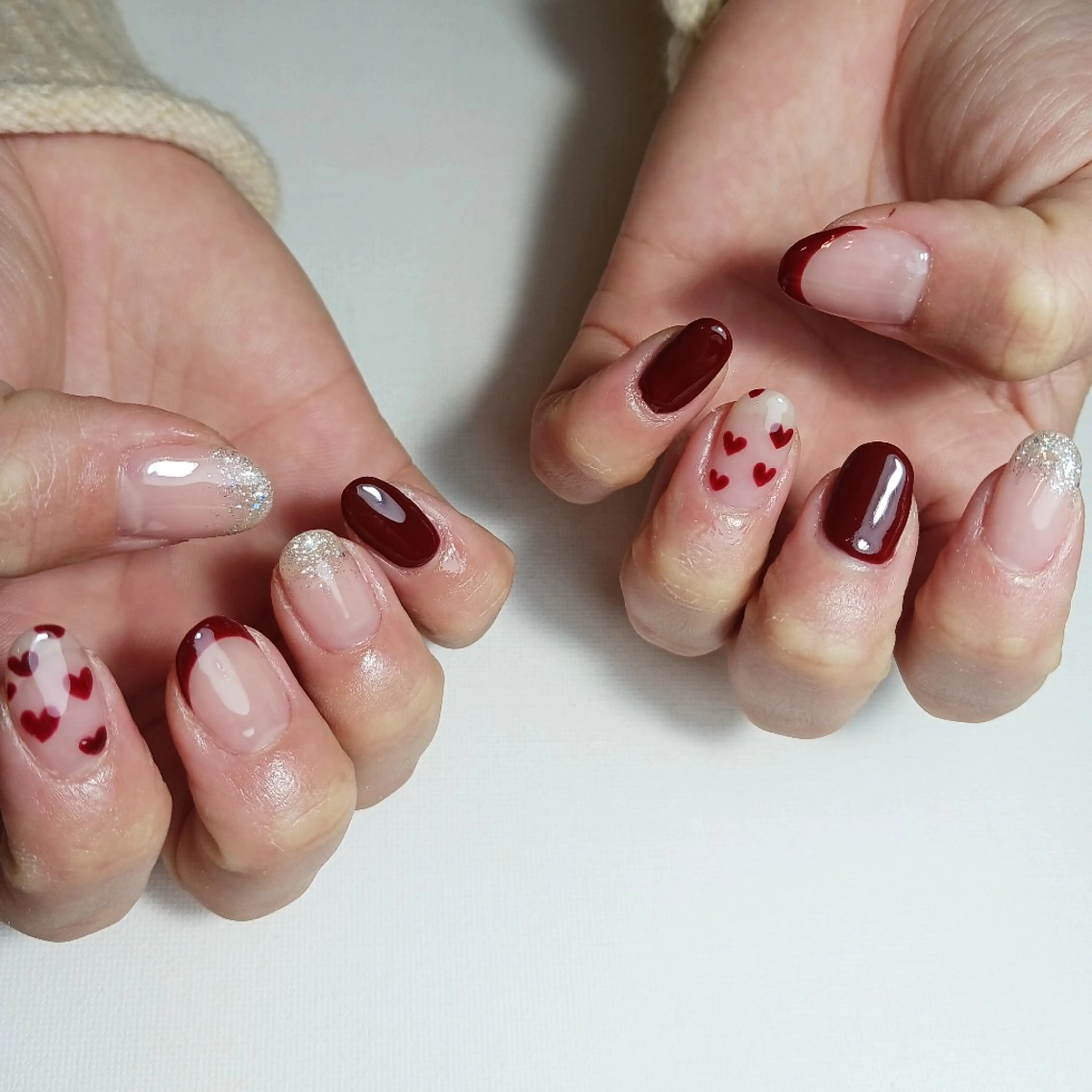 ネイル ボルドー ブラウン フレンチネイル ジェルネイル ハート ハンドネイル nanakonail /持込みデザイン専門のネイルデザイン