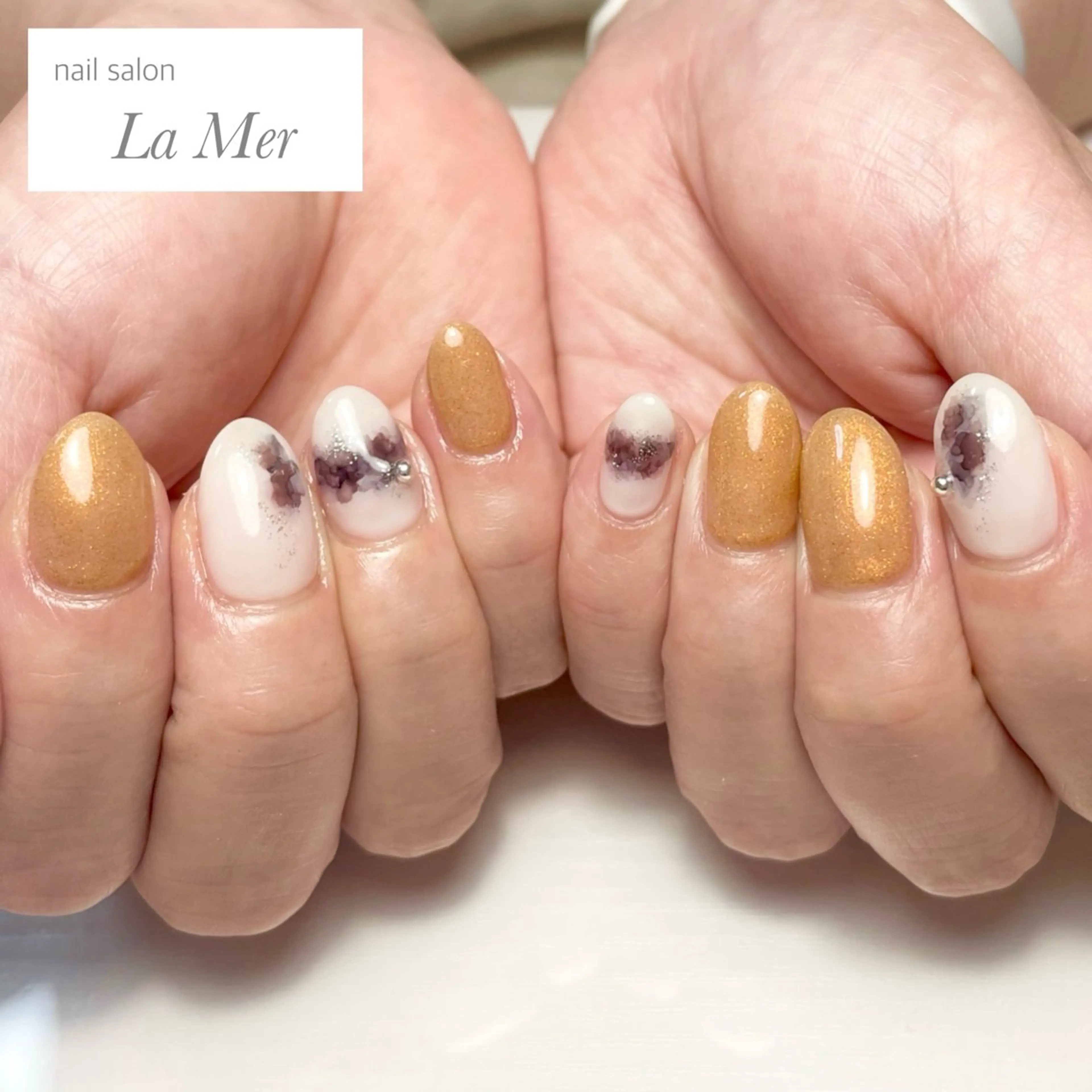 ネイル カジュアル マグネットネイル ニュアンスネイル オレンジ 春ネイル ハンドネイル nailsalon La Merのネイルデザイン
